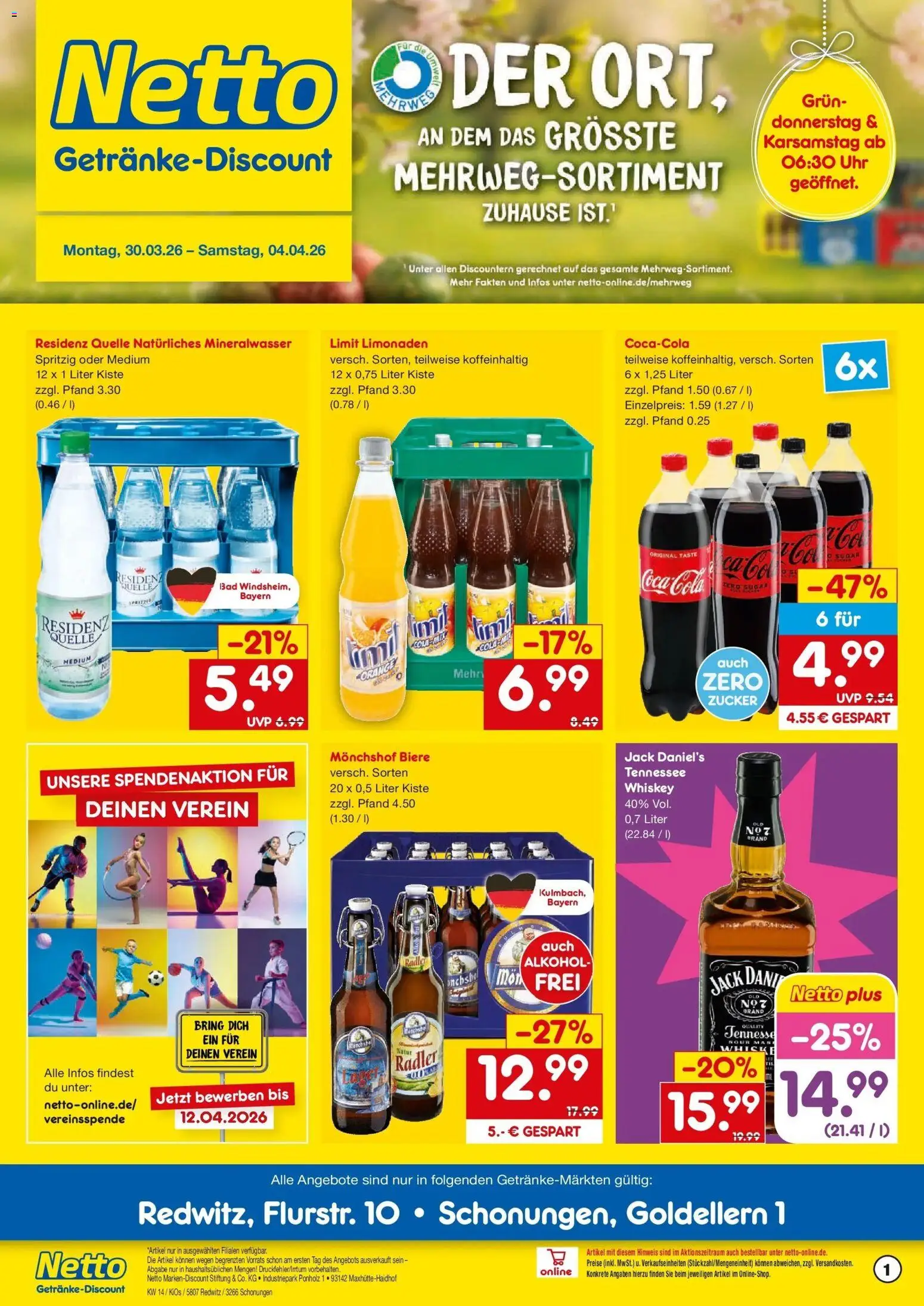 Vorschau von dem Prospekt des Geschäftes Netto Marken-Discount, gültig ab dem 30.03.2026 - Uhr, Bad, Cola, Mineralwasser, Whiskey, Radler, Monchshof, Jack Daniel's