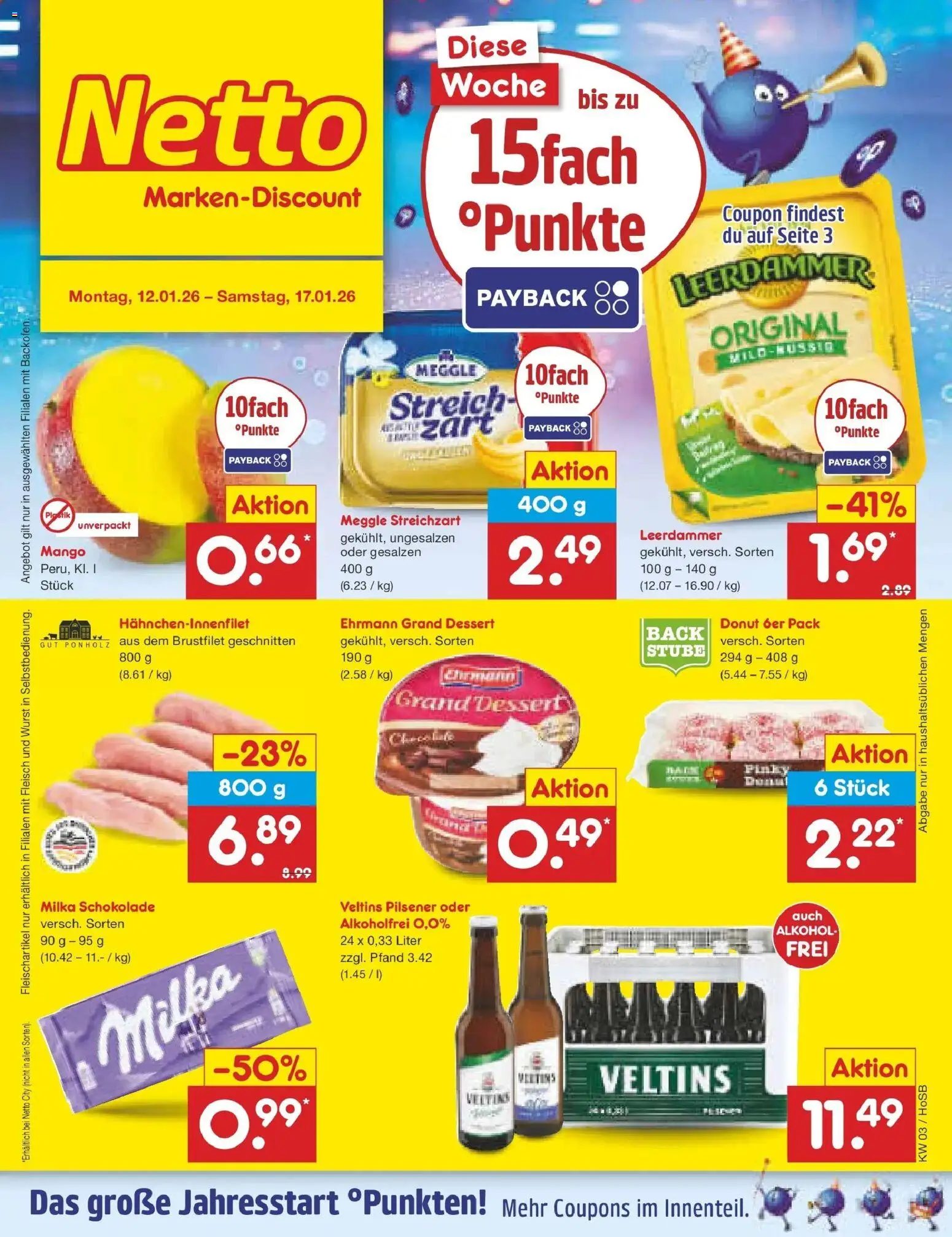 Vorschau von dem Prospekt des Geschäftes Netto Marken-Discount, gültig ab dem 12.01.2026 - Mango, Wurst, Alkohol, Milka schokolade, Fleisch, Veltins, Leerdammer, Ehrmann grand dessert