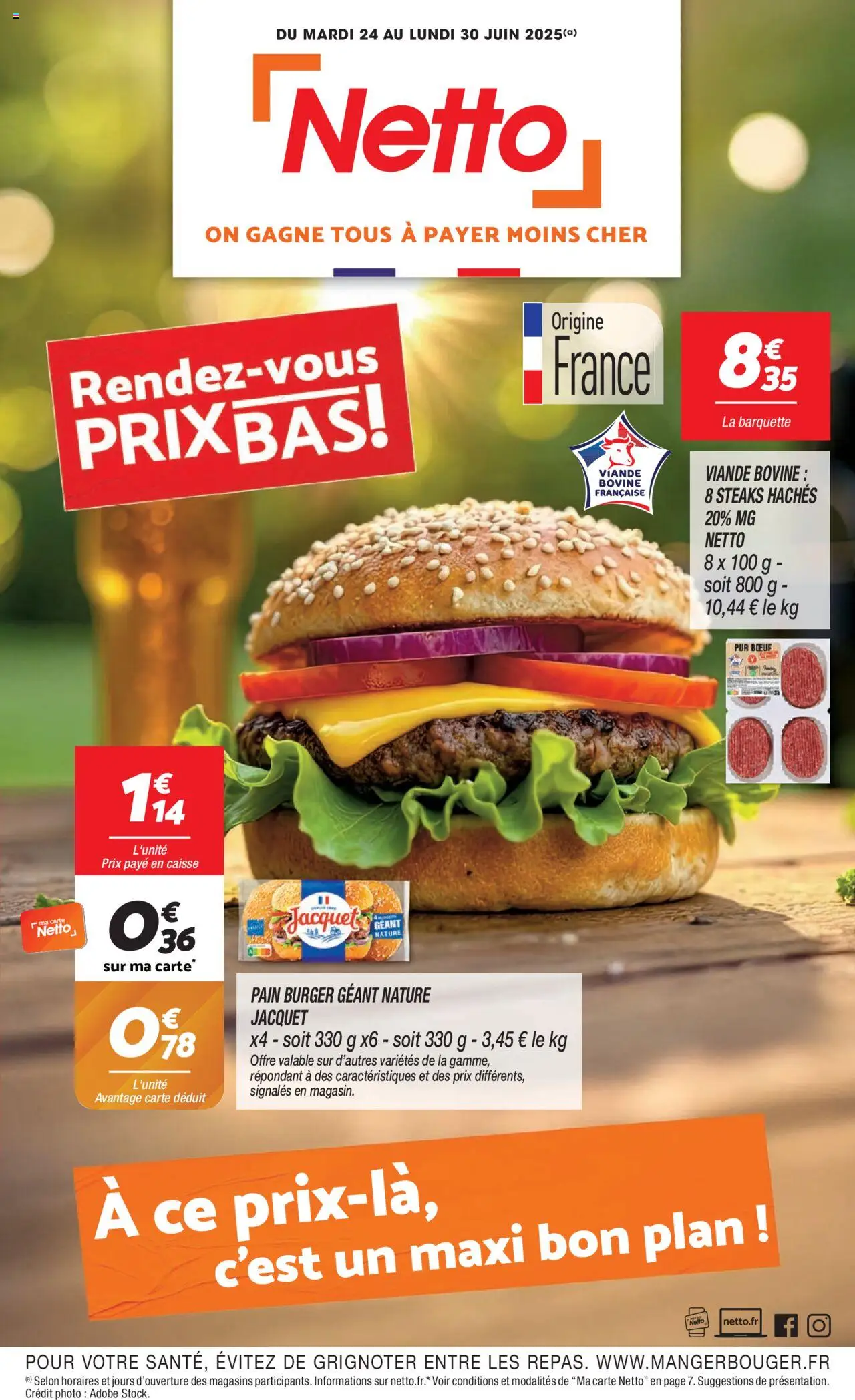 Catalogue de la boutique Netto valable du 24/06/2025 - Page numéro 1 - Pain, Viande, Viande bovine, Burger