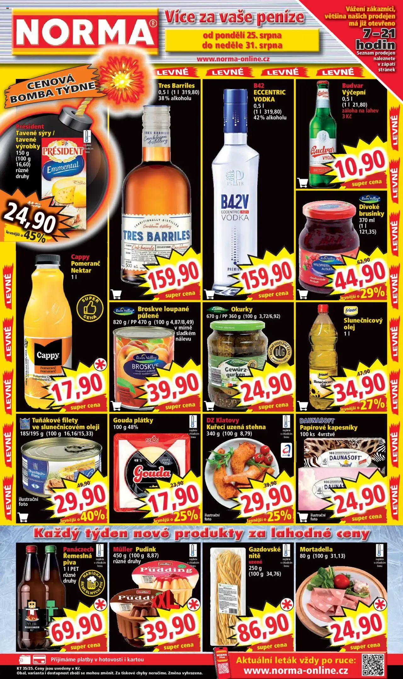  Norma Leták (25.08.2025) příští týden - Akční leták - Vodka, Olej, Budvar, Mortadella, Láhev, Okurky, Papírové kapesníky, Kapesníky