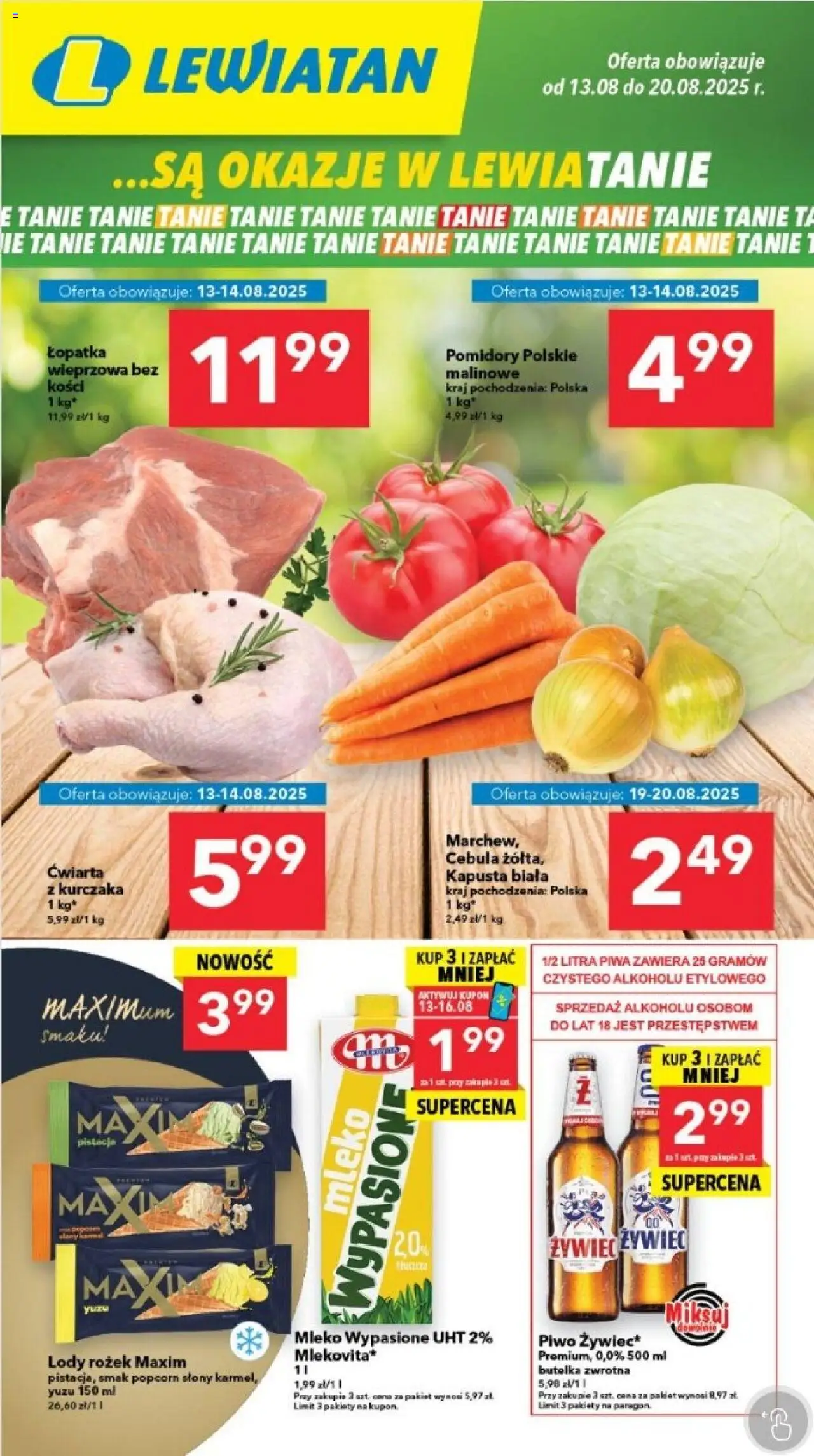Lewiatan gazetka od 13.08.2025 - Promocje "Legnica" - Numer strony 1 - Lody, Piwo, Mleko, Popcorn, Kapusta, Cebula, Pomidory, Mleko wypasione