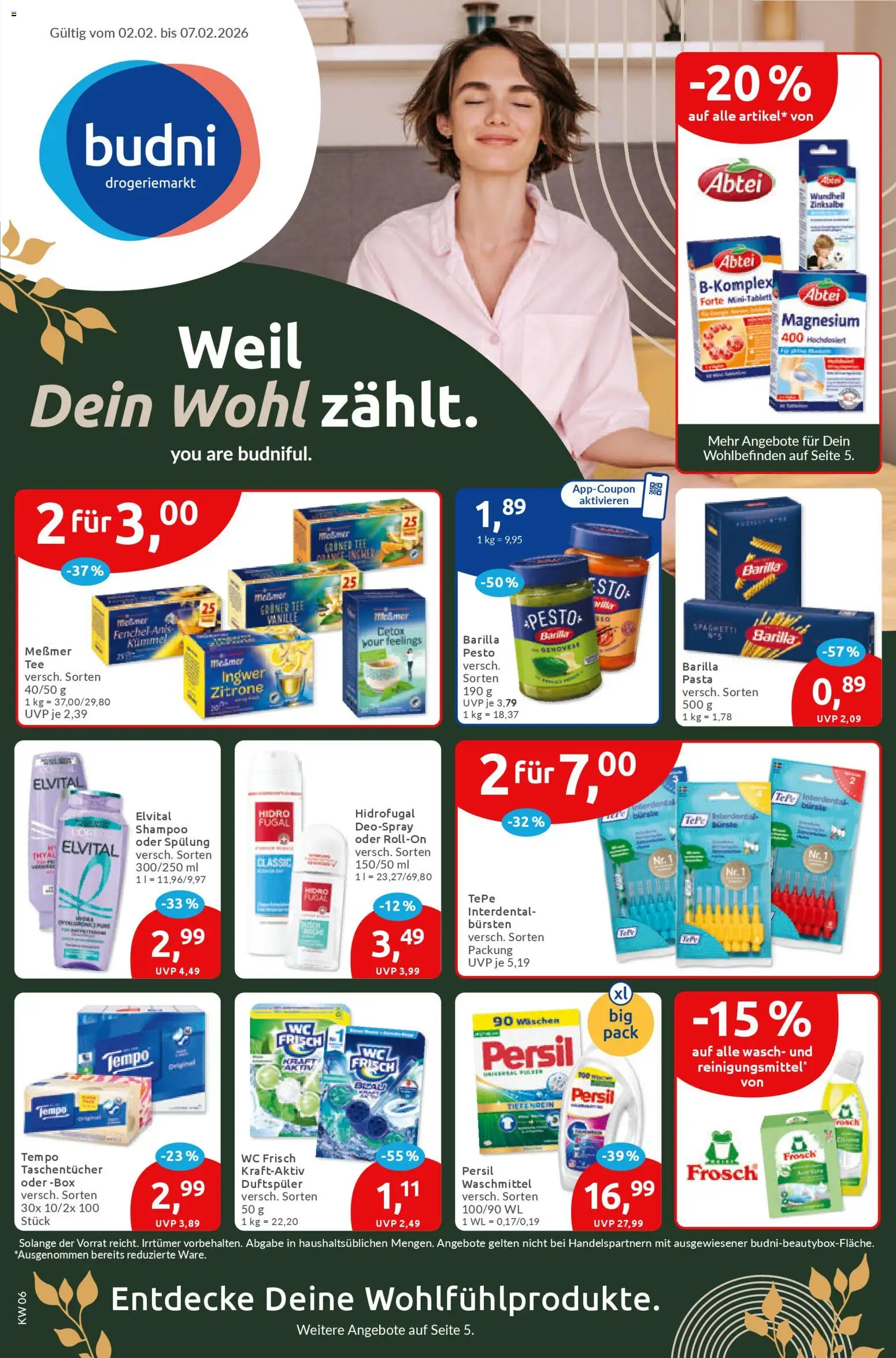 Vorschau von dem Prospekt des Geschäftes Budni, gültig ab dem 02.02.2026 - Tee, Spaghetti, Zitrone, Waschmittel, Bürste, Taschentücher, Wc frisch, Deospray