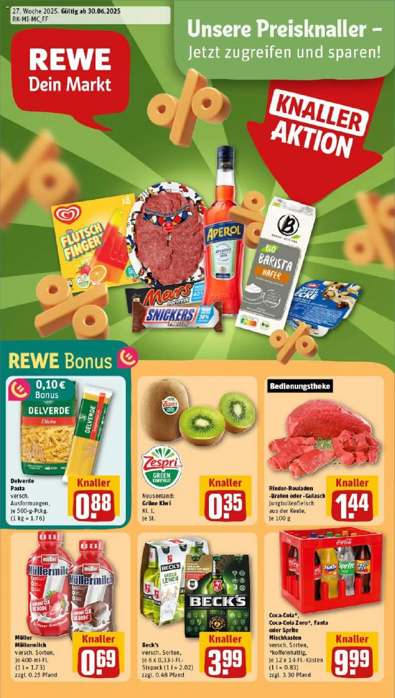 REWE Prospekt ab 29.06.2025 nächste Woche - Prospekt Dreieich / Götzenhain - Aperol, Gulasch, Mars, Snickers, Fanta, Müllermilch, Sprite, Muller mullermilch