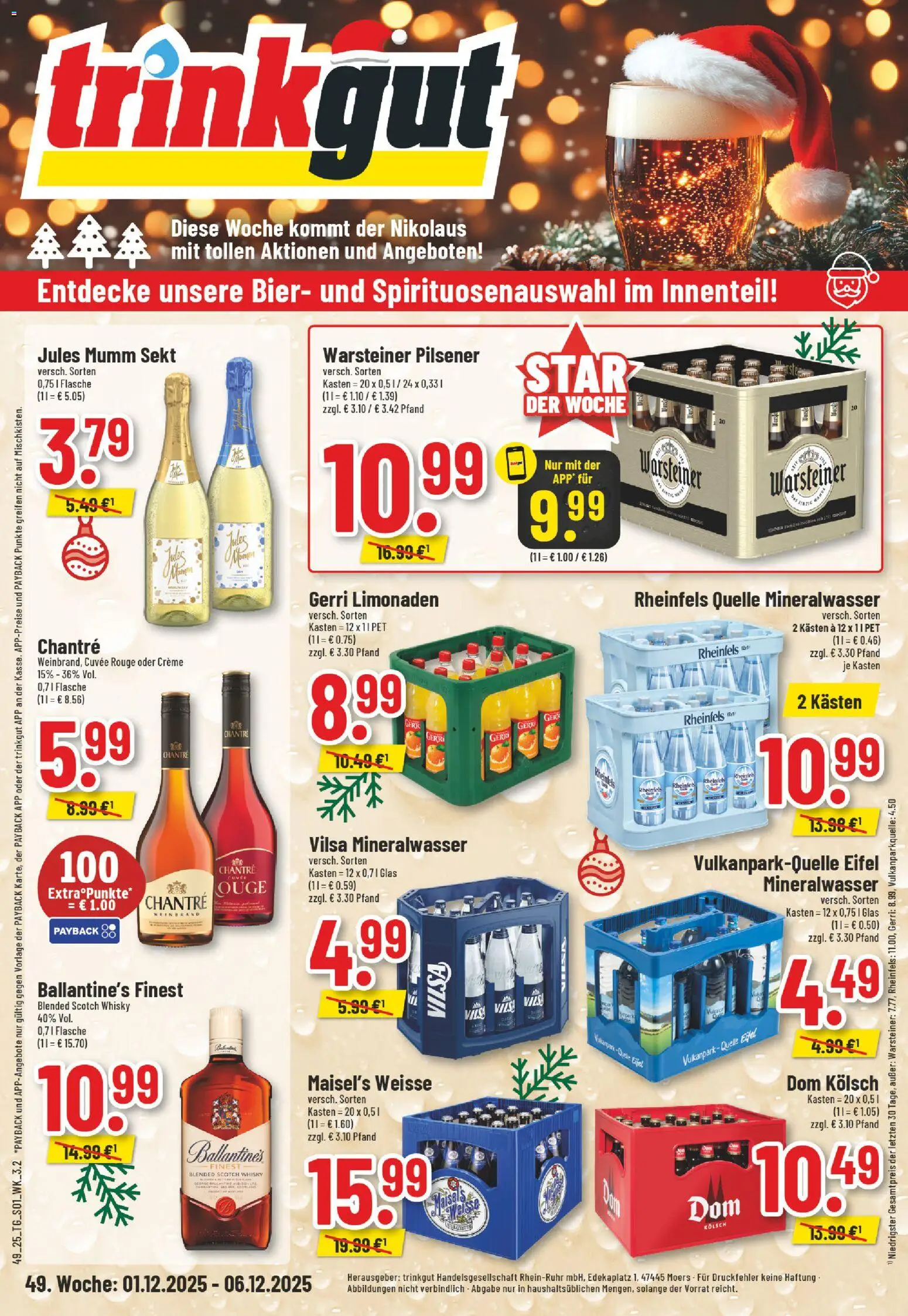 Vorschau von dem Prospekt des Geschäftes Trinkgut, gültig ab dem 01.12.2025 - Mineralwasser, Warsteiner, Sekt, Creme, Mumm sekt, Rheinfels quelle, Jules mumm, Chantré