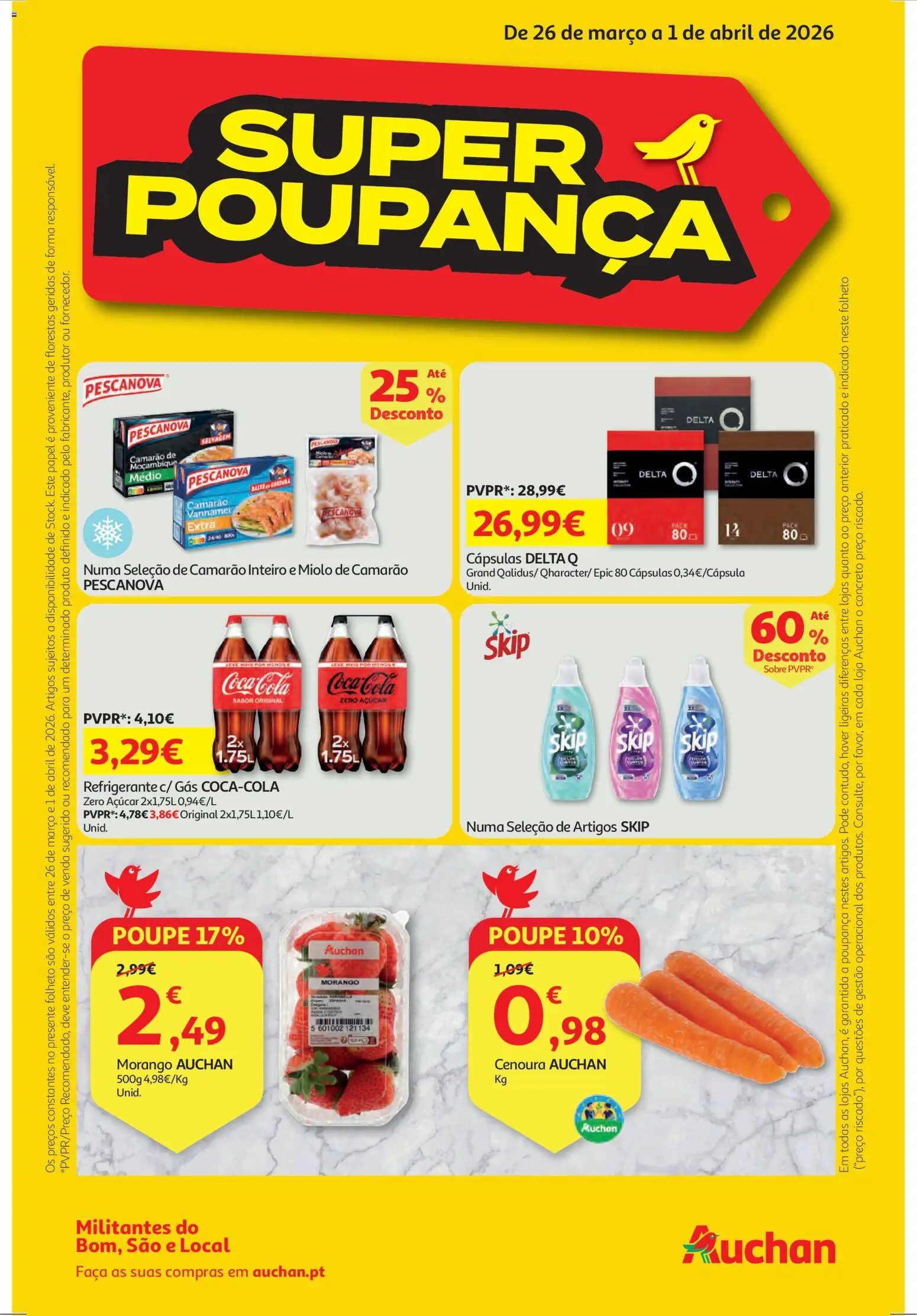 Pré-visualização do folheto da loja Auchan válida a partir de 26/03/2026 - Delta q, Camarão, Cenoura, Açúcar, Refrigerante, Cápsulas, Faca
