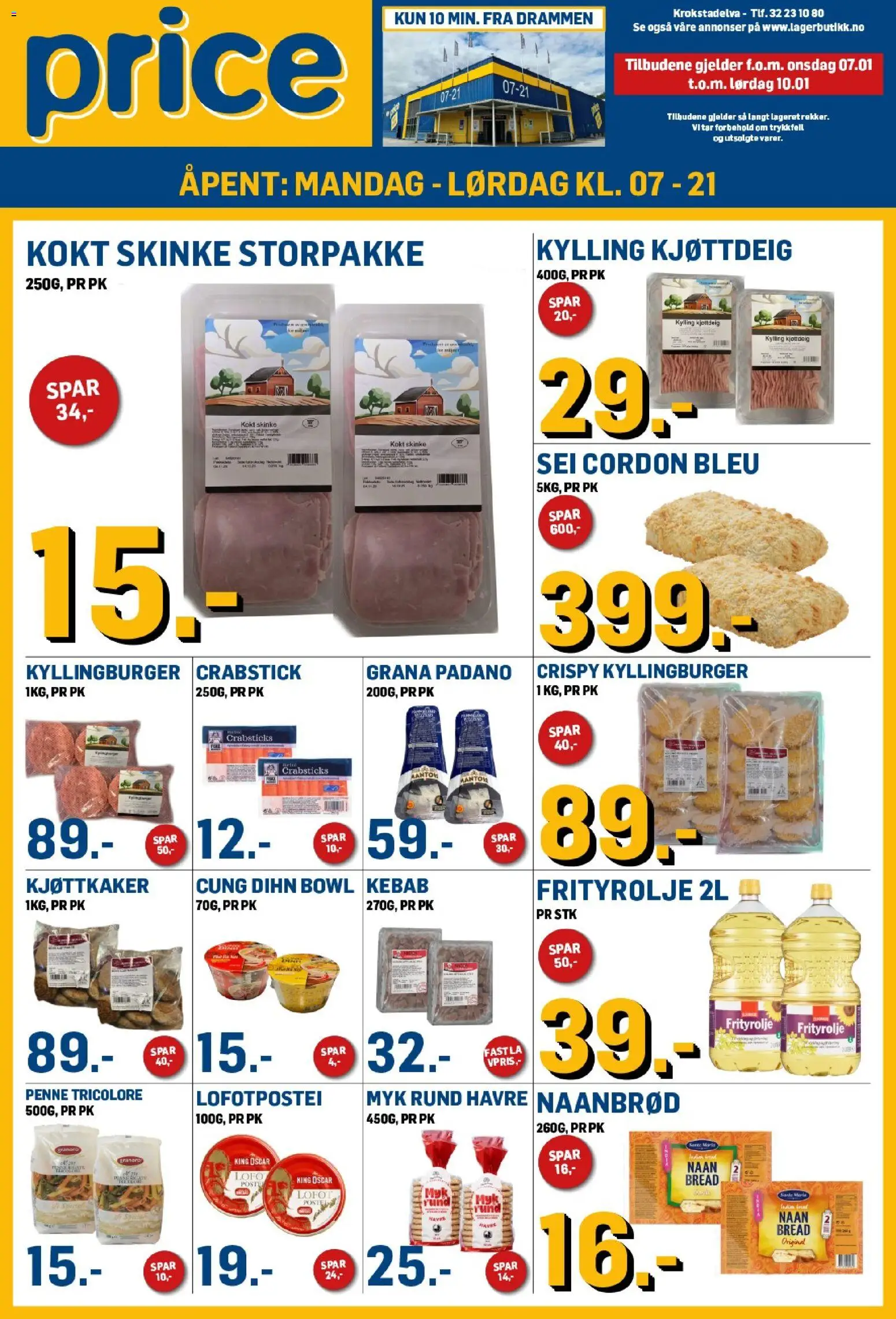 Forhåndsvis Kundeavis fra butikk Price Lagerbutikk gyldig fra 07/01/2026 - Kyllingburger, Crabsticks, Kylling, Crispy kyllingburger, Grana Padano, Kjøttkaker, Kjøttdeig, Frityrolje