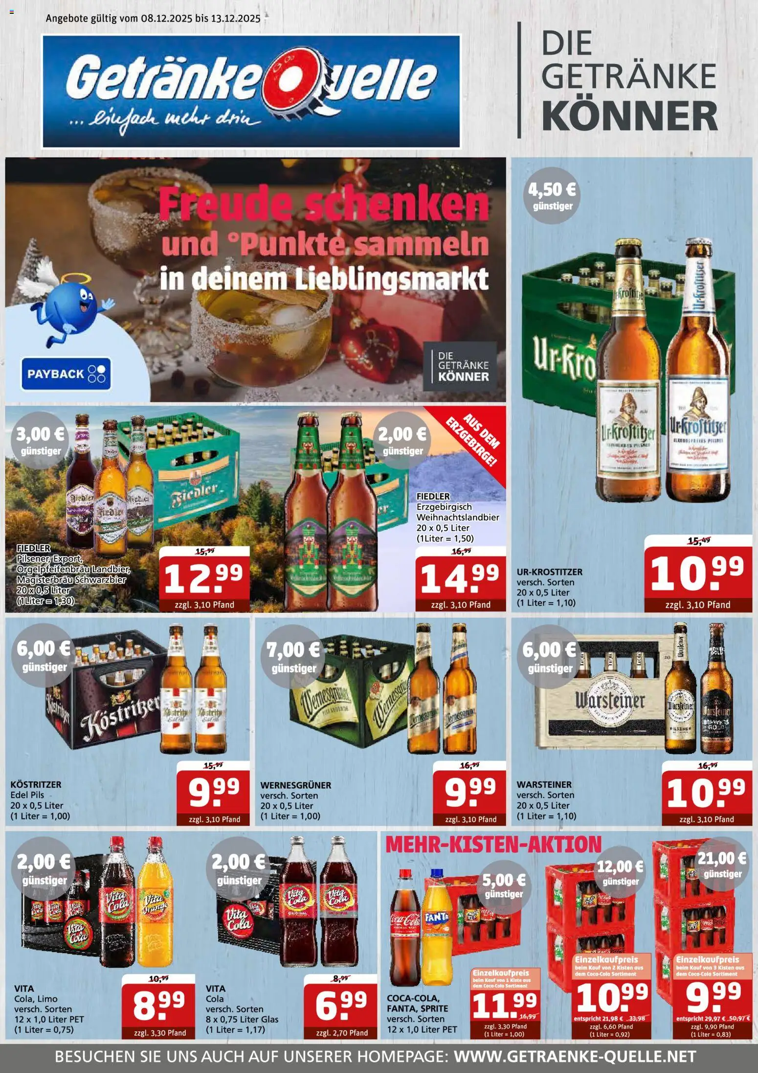 Vorschau von dem Prospekt des Geschäftes Getränke Quelle, gültig ab dem 08.12.2025 - Cola, Warsteiner, Sprite, Vita cola, Pils, Wernesgruner, Kostritzer