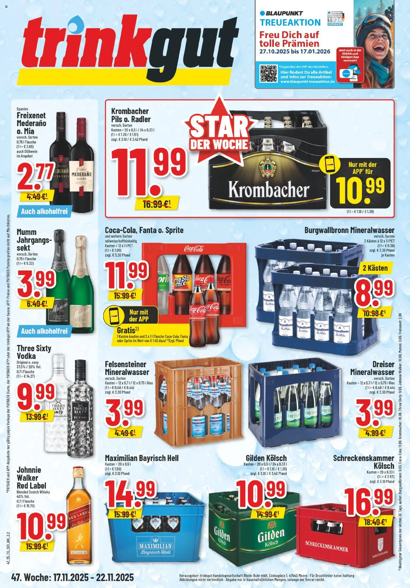 Vorschau von dem Prospekt des Geschäftes Trinkgut, gültig ab dem 17.11.2025 - Whisky, Cola, Mineralwasser, Krombacher, Vodka, Sekt, Freixenet, Pils