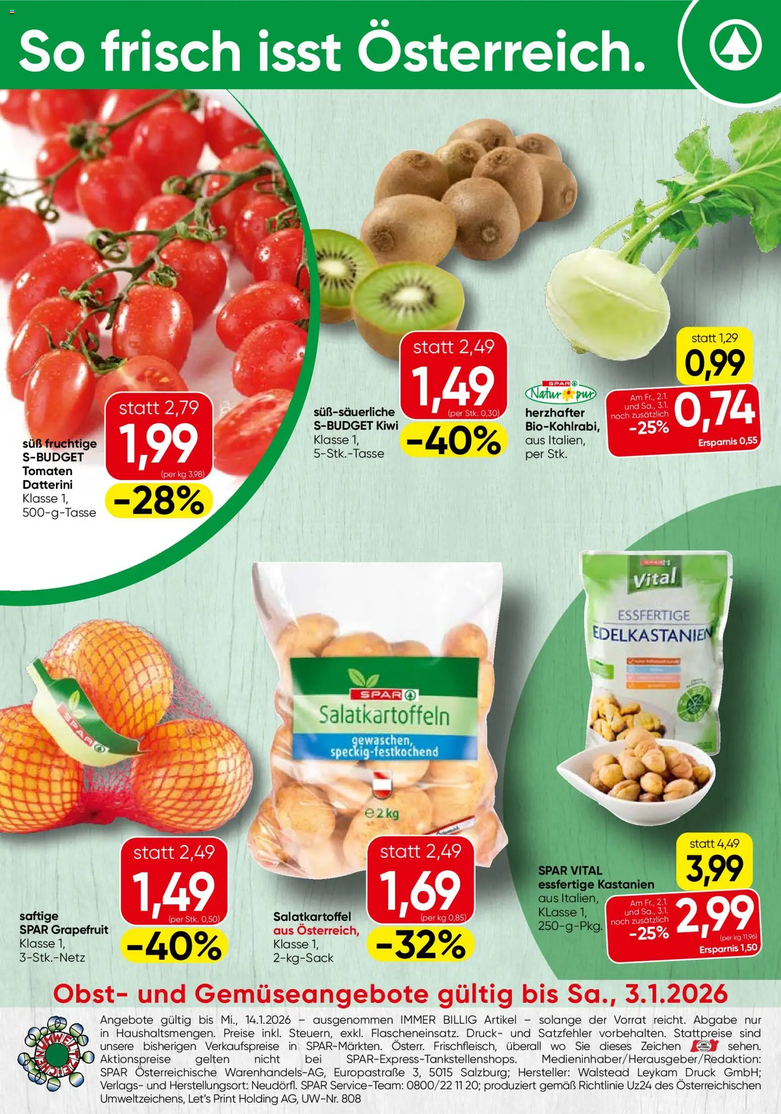 Vorschau der Angebote: Spar Wien Obst & Gemüse gültig ab 29.12.2025 - Kiwi, Grapefruit, Obst, Tomaten