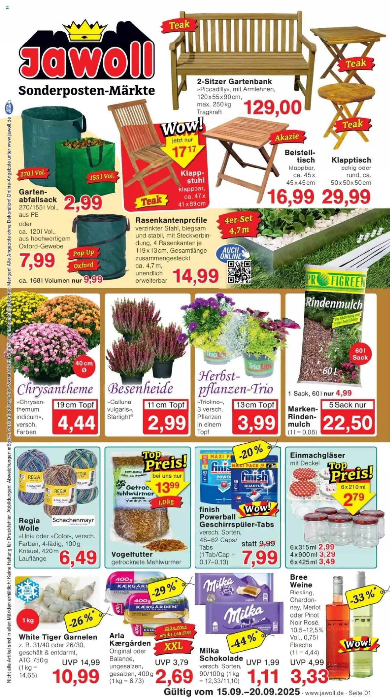 Jawoll Prospekt (vom 15.09.2025 - 20.09.2025) - Schokolade, Joghurt, Garnelen, Rindenmulch, Stuhl, Tisch, Merlot, Bree