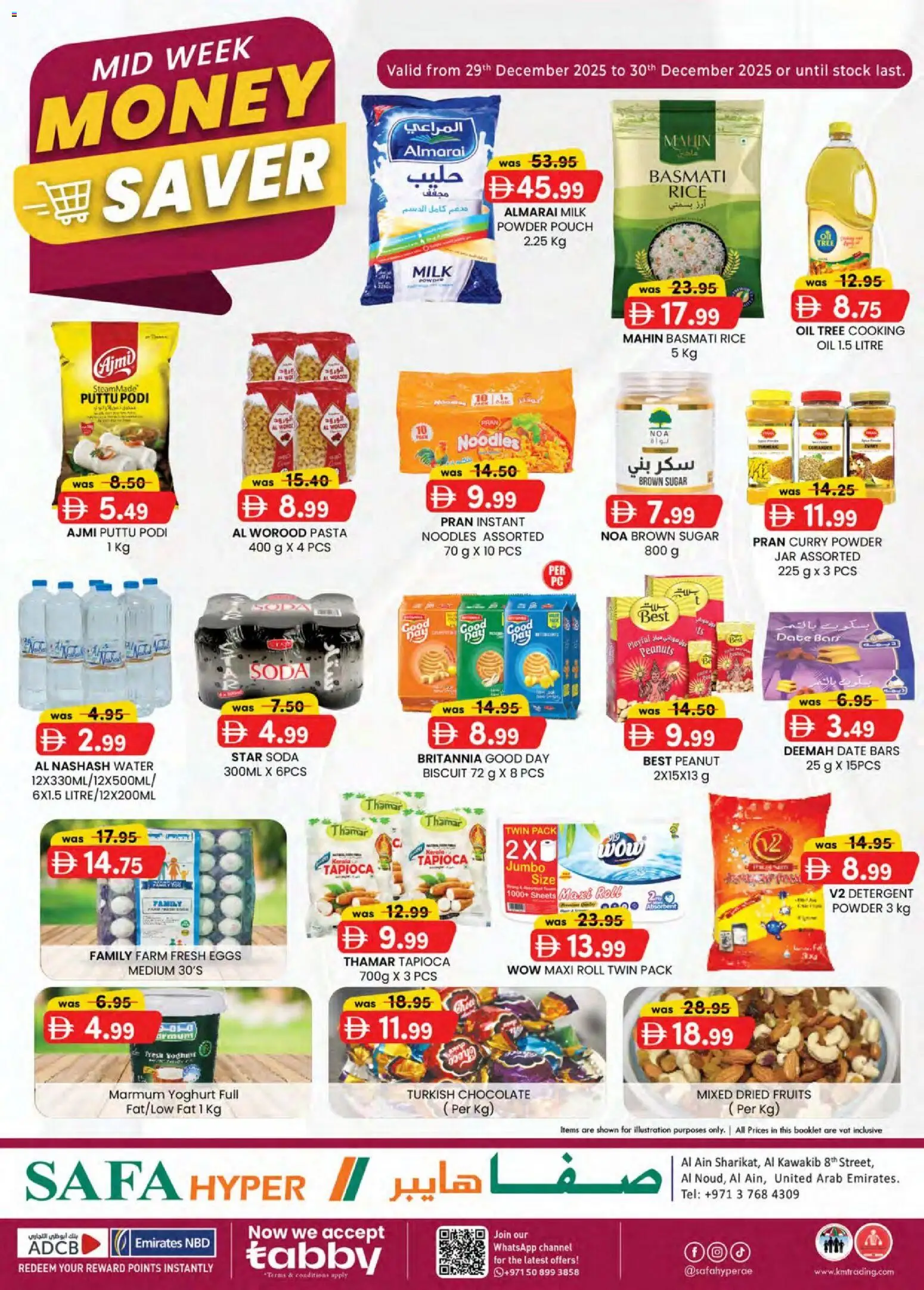 Preview of the catalogue Mid-week money saver Safa of store KM Trading valid from 29 Dec, 2025 - Chocolate, Pasta, Water, Noodles, Peanuts, Sugar, Yoghurt, Curry powder