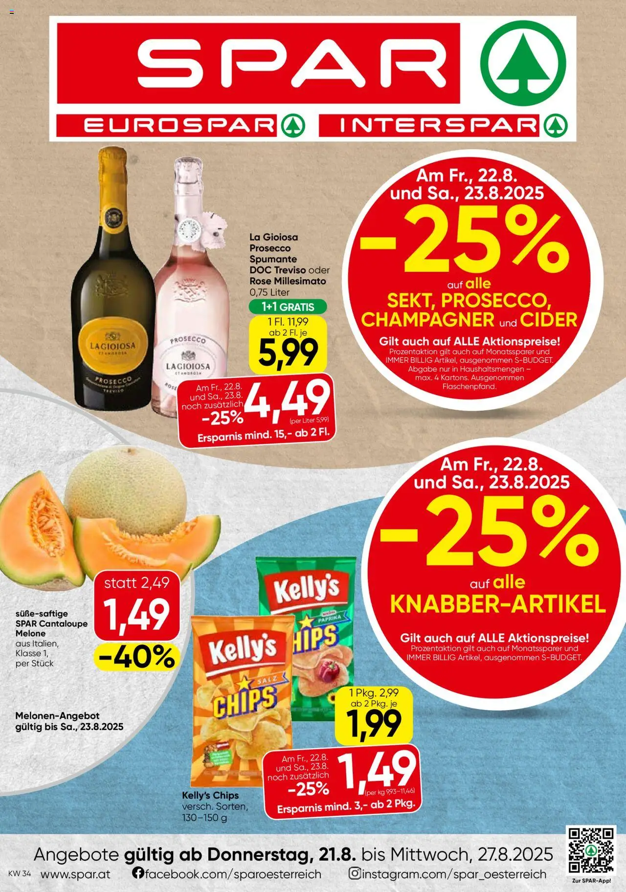  SPAR Flugblatt 21.08.2025 - Prospekt "Salzburg" - Seite 1 - Chips, Prosecco, Salz, Melone