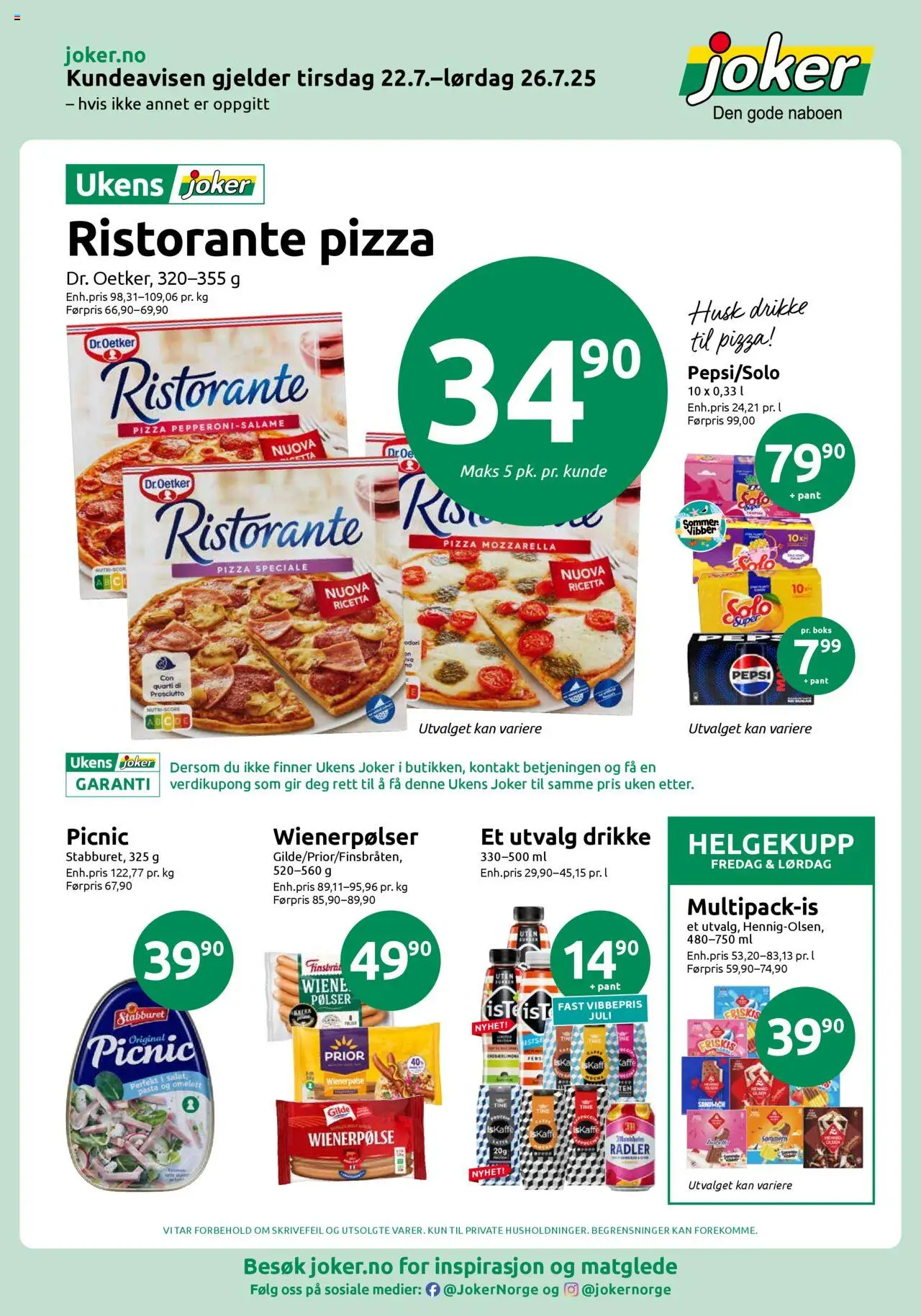 Kundeavis Joker gyldig fra 22/07/2025 - Sidenummer 1 - Kaffe, Pasta, Pølser, Prosciutto, Boks, Iskaffe, Radler, Sandwich