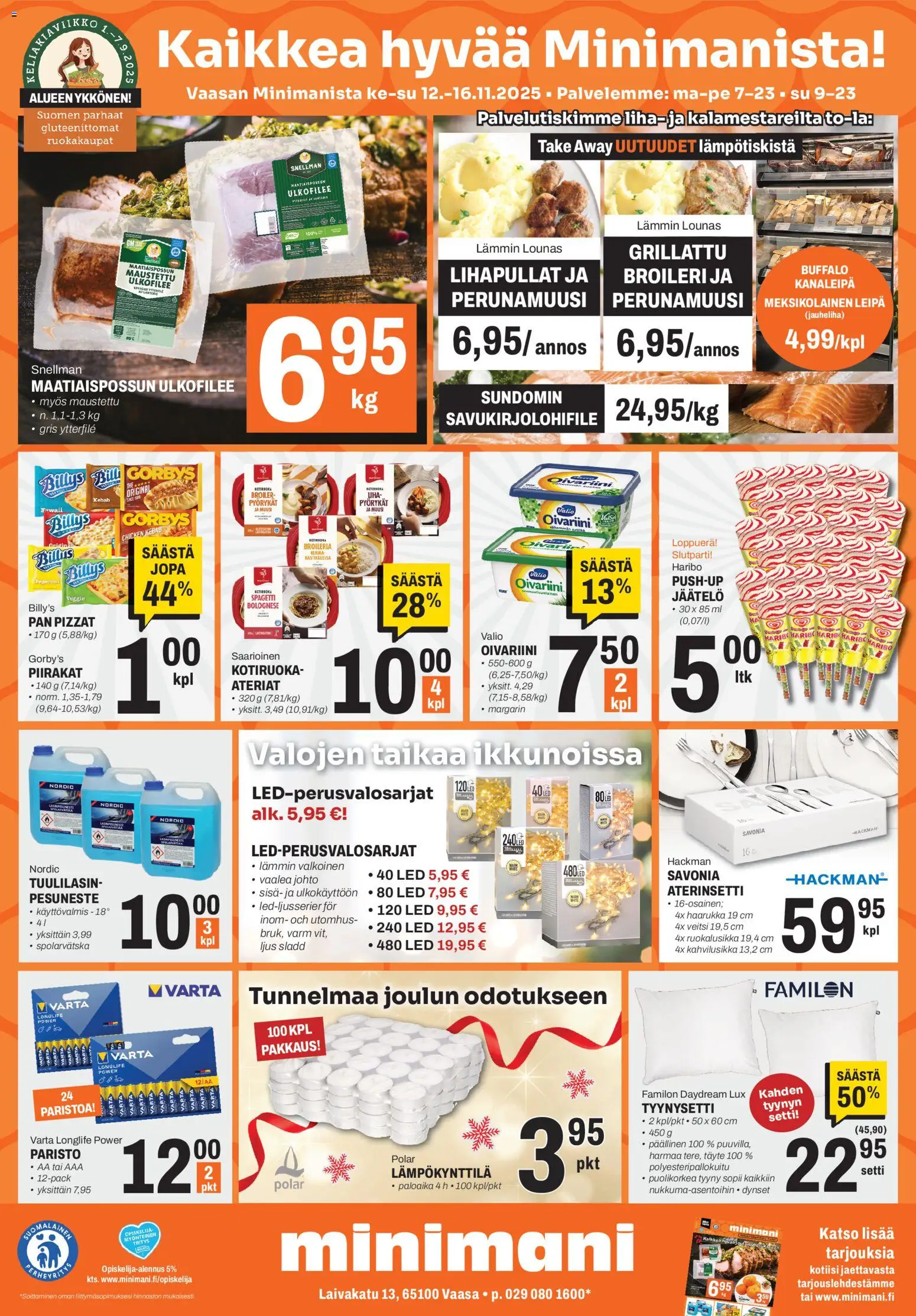 Kaupan Minimani Tarjoukset - Vaasa esikatselu, voimassa 12/11/2025 - Jauheliha, Leipä, Liha, Kerma, Spagetti, Haarukka, Pesuneste, Veitsi