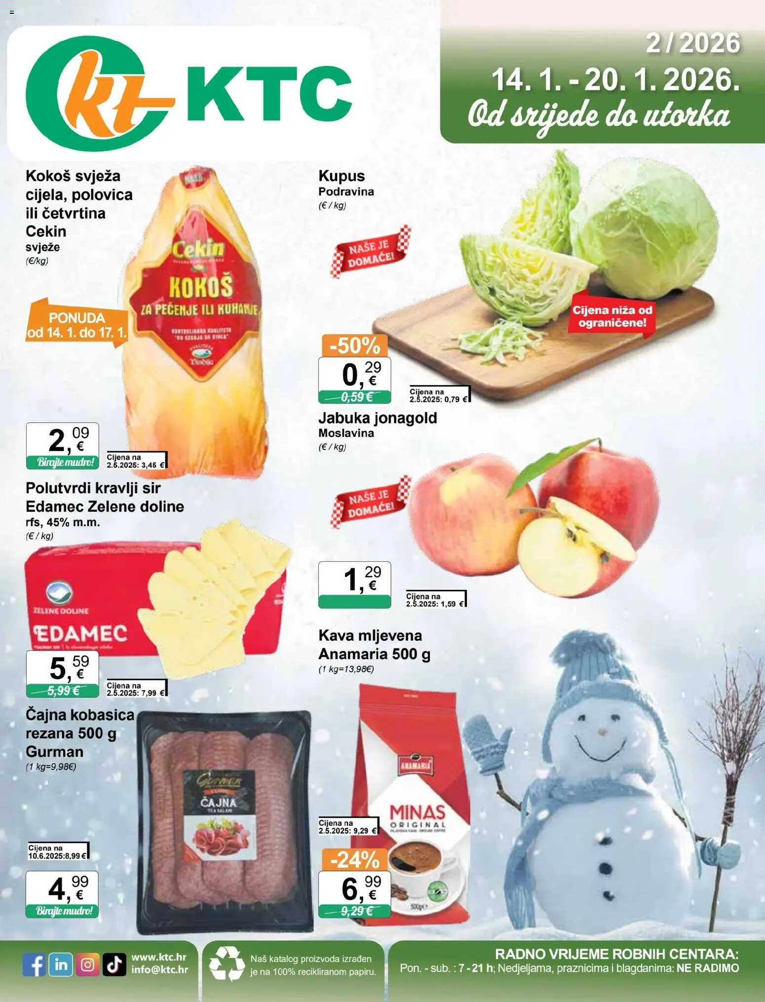 Pregled letka Katalog trgovine KTC vrijedi od 14.01.2026 - Kava, Jabuka, Kokos, Sir, Kupus, Kobasica, Čajna kobasica