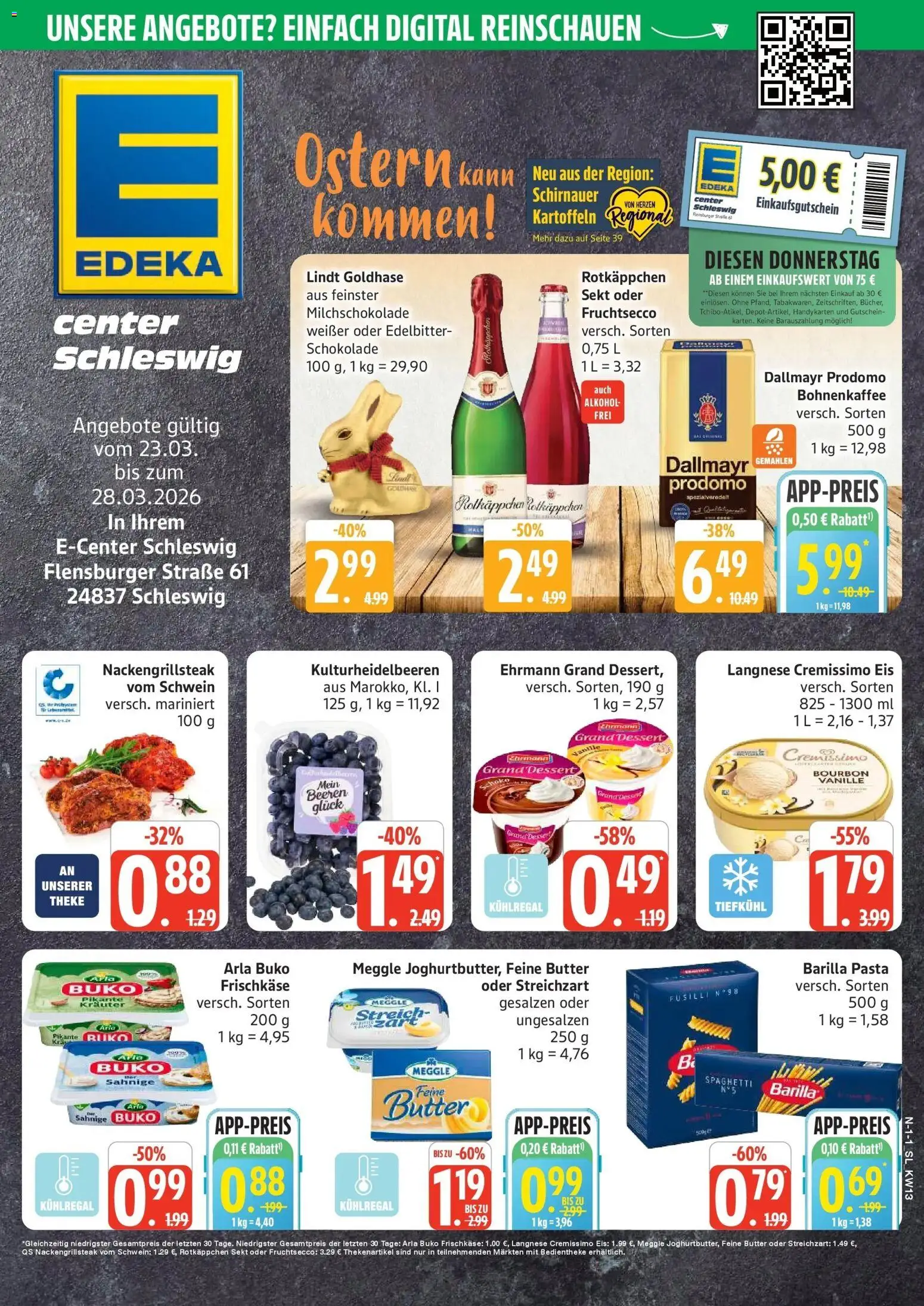 Vorschau von dem Prospekt des Geschäftes Edeka, gültig ab dem 23.03.2026 - Eis, Lindt, Alkohol, Dallmayr, Barilla, Vanille, Dallmayr prodomo, Frischkase
