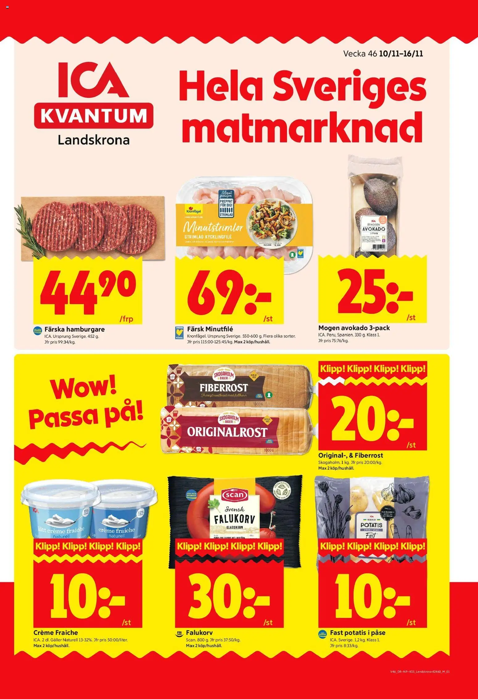 Förhandsgranska reklamblad Landskrona från butik ICA Supermarket gäller från 10/11/2025 - Bageri, Hamburgare, Creme fraiche, Falukorv, Potatis, Avokado, Kycklingfile, Galler