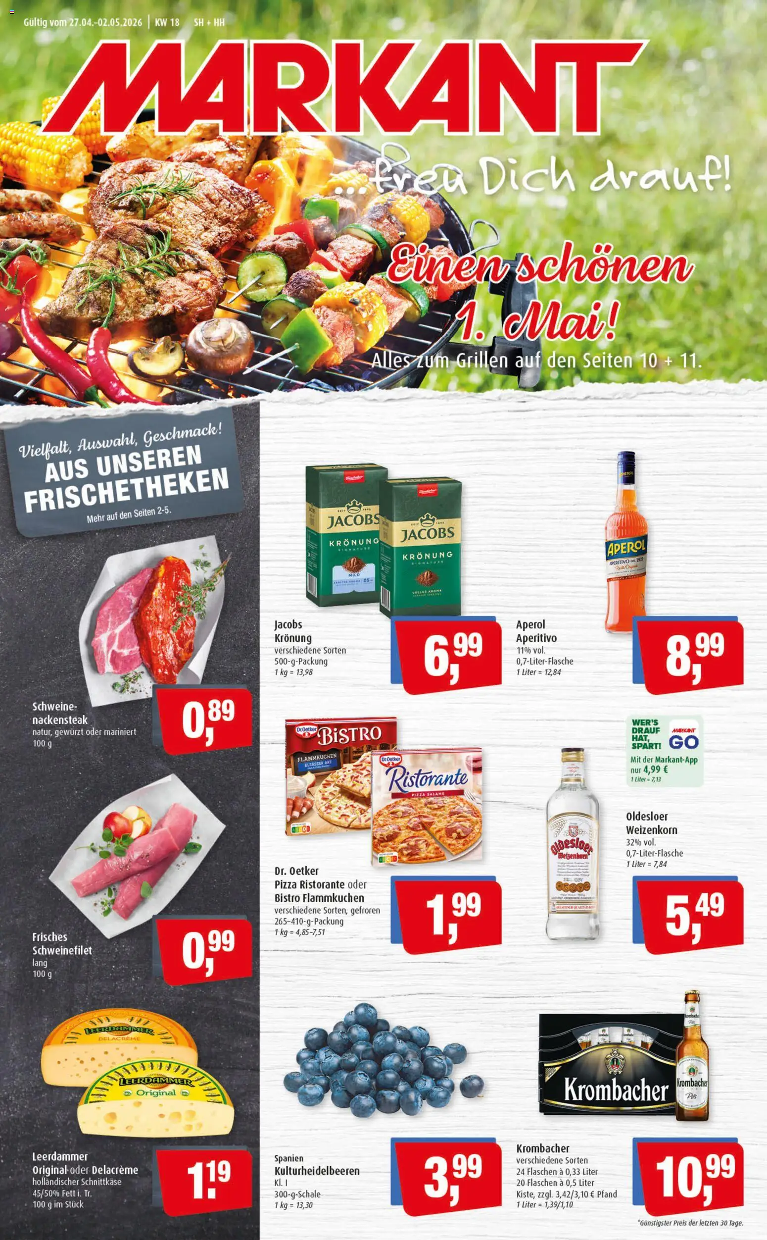 Vorschau von dem Prospekt des Geschäftes Markant, gültig ab dem 27.04.2026 - Pizza, Aperol, Krombacher, Schweinefilet, Ristorante, Leerdammer, Oldesloer