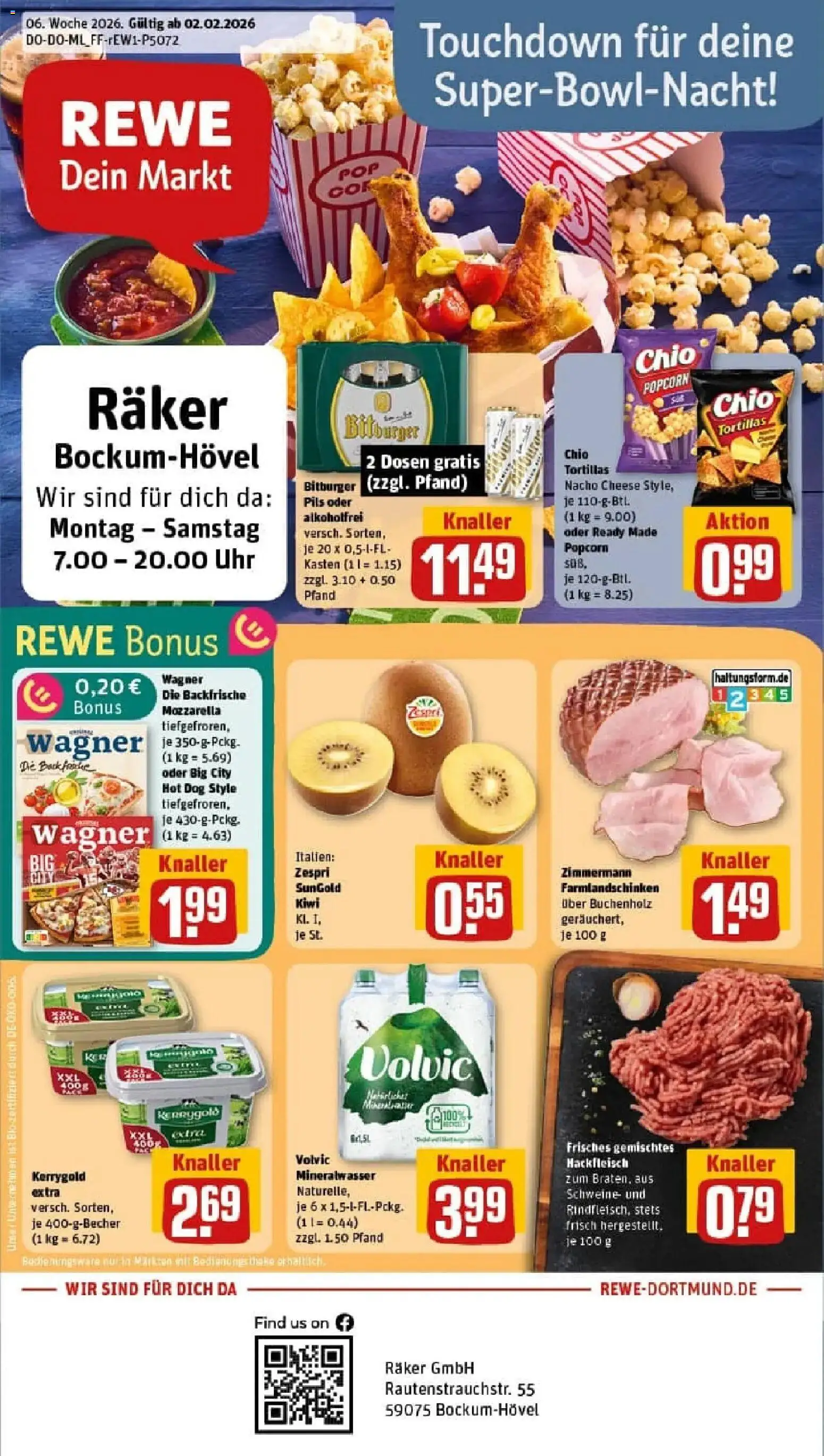 Vorschau von dem Prospekt des Geschäftes Rewe, gültig ab dem 02.02.2026 - Pizza, Uhr, Kiwi, Tortillas, Mozzarella, Volvic, Pils, Chio tortillas