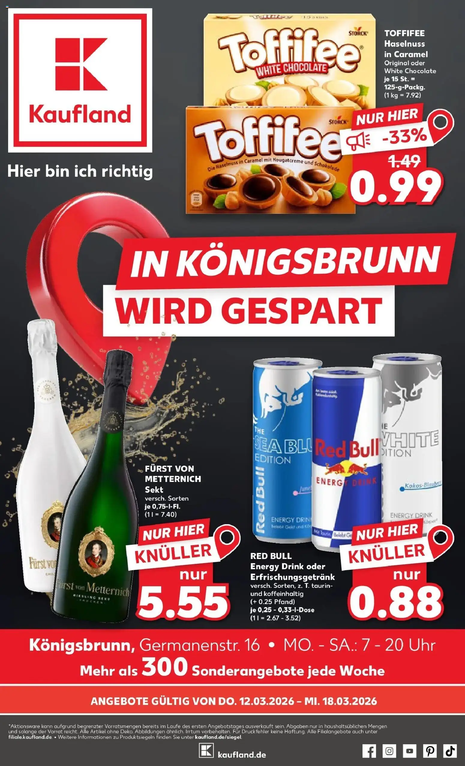 Vorschau von dem Prospekt des Geschäftes Kaufland, gültig ab dem 12.03.2026 - Uhr, Red bull, Schokolade, Toffifee, Energy, Sekt, Furst von metternich