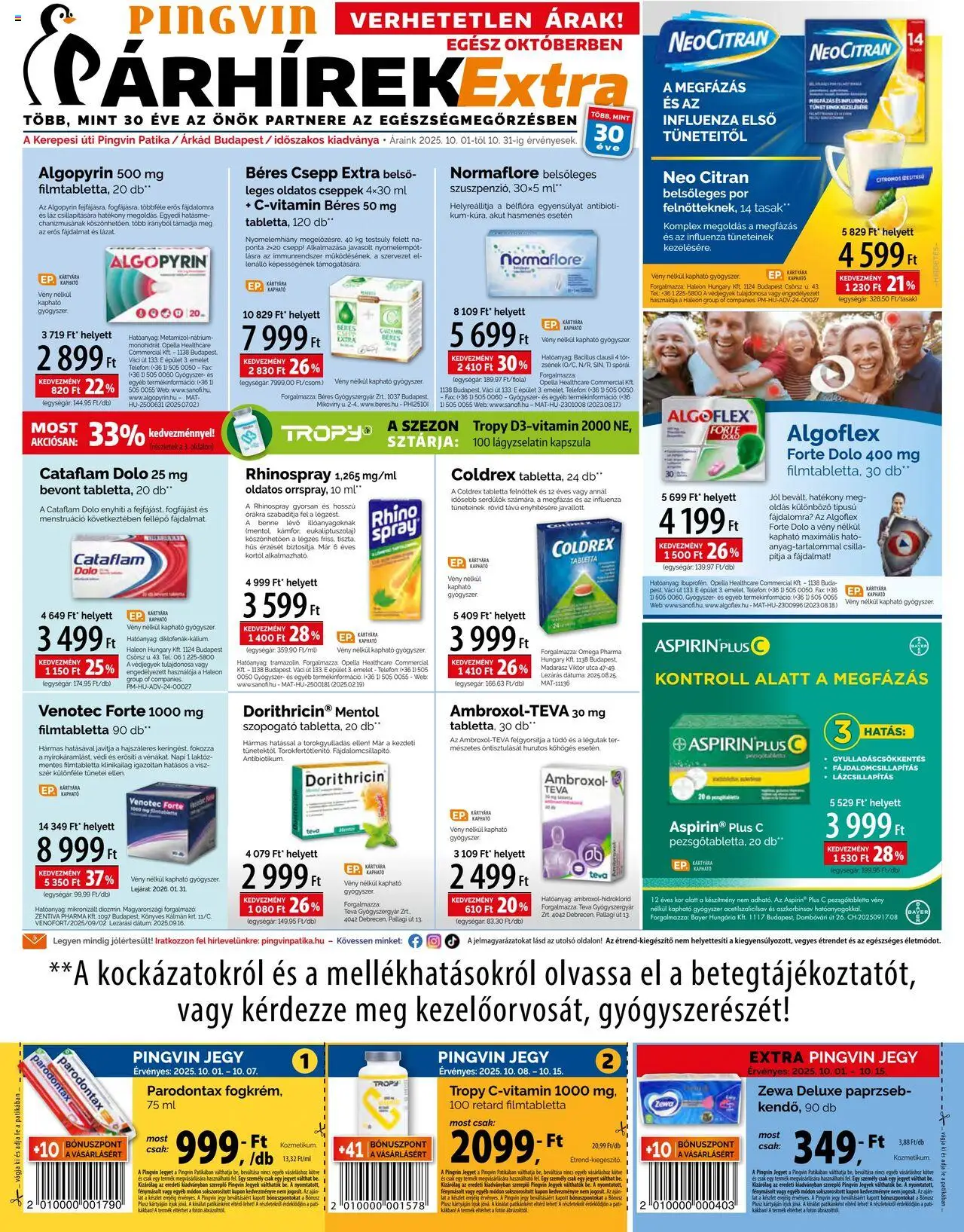 Pingvin Patika aktuális szórólap, érvényes 2025.10.01.-től - 1 oldal - Normaflore, Dorithricin, Omega, Hús, Tabletta, Kapszula, Pezsgőtabletta, Zewa