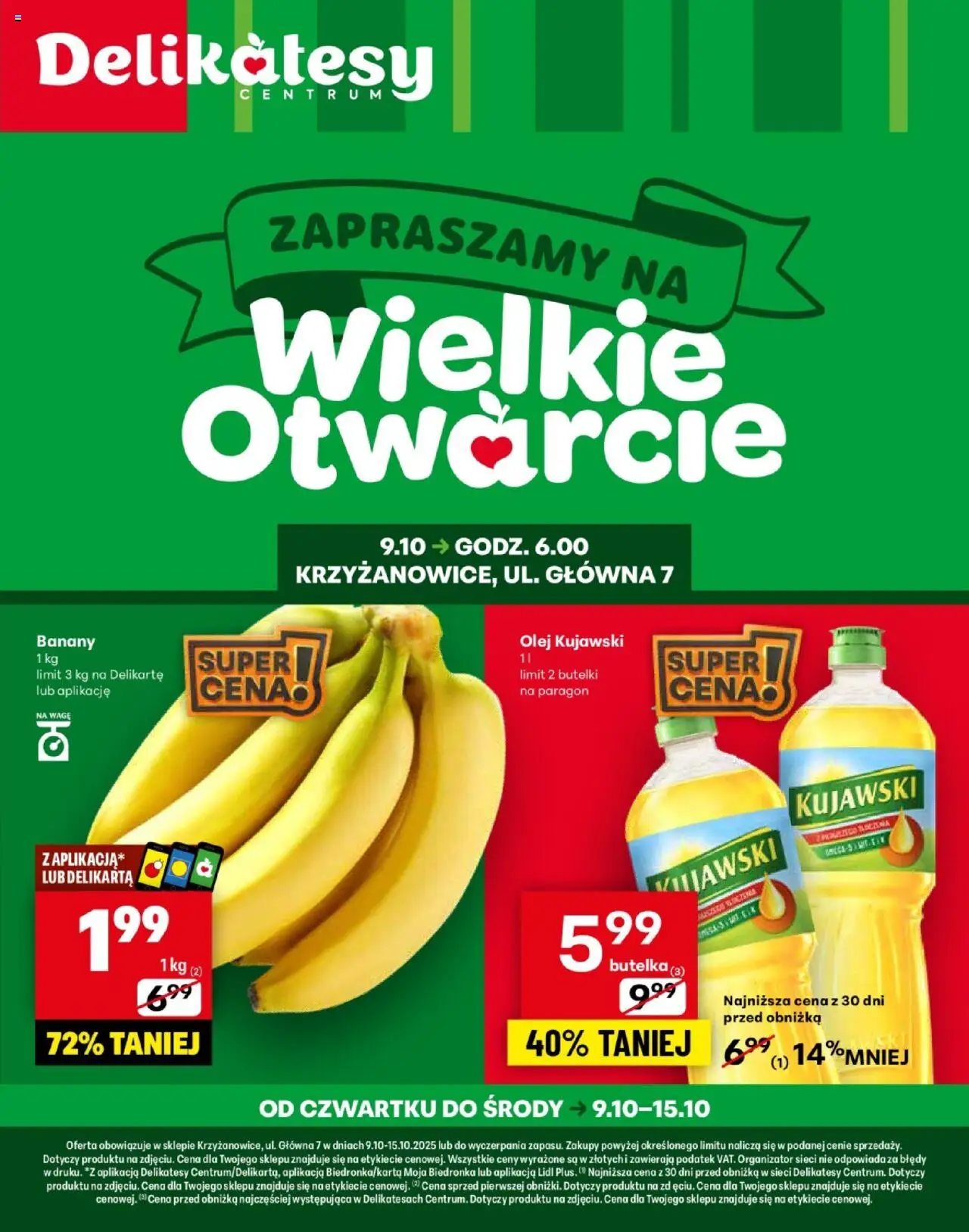 Delikatesy Centrum gazetka 09.10.2025 - Nowa gazetka promocyjna - Numer strony 1 - Delikatesy, Olej, Olej kujawski, Banany