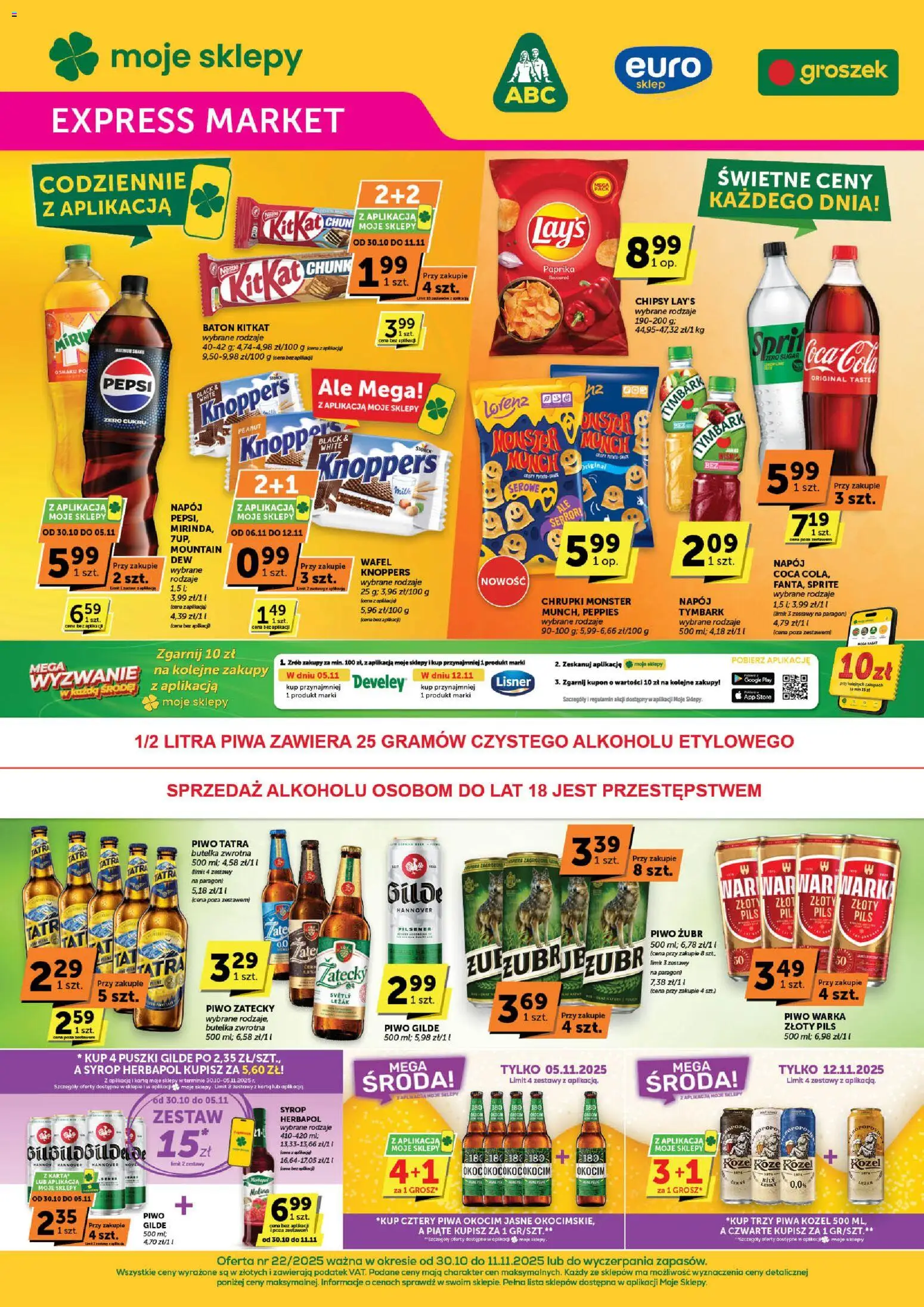 Pogląd gazetki "Expressmarket" ze sklepu ABC ważnej od 30.10.2025 - Piwo, Chipsy, Pepsi, Baton, Karta, Syrop, Piwo żubr, Piwo Warka