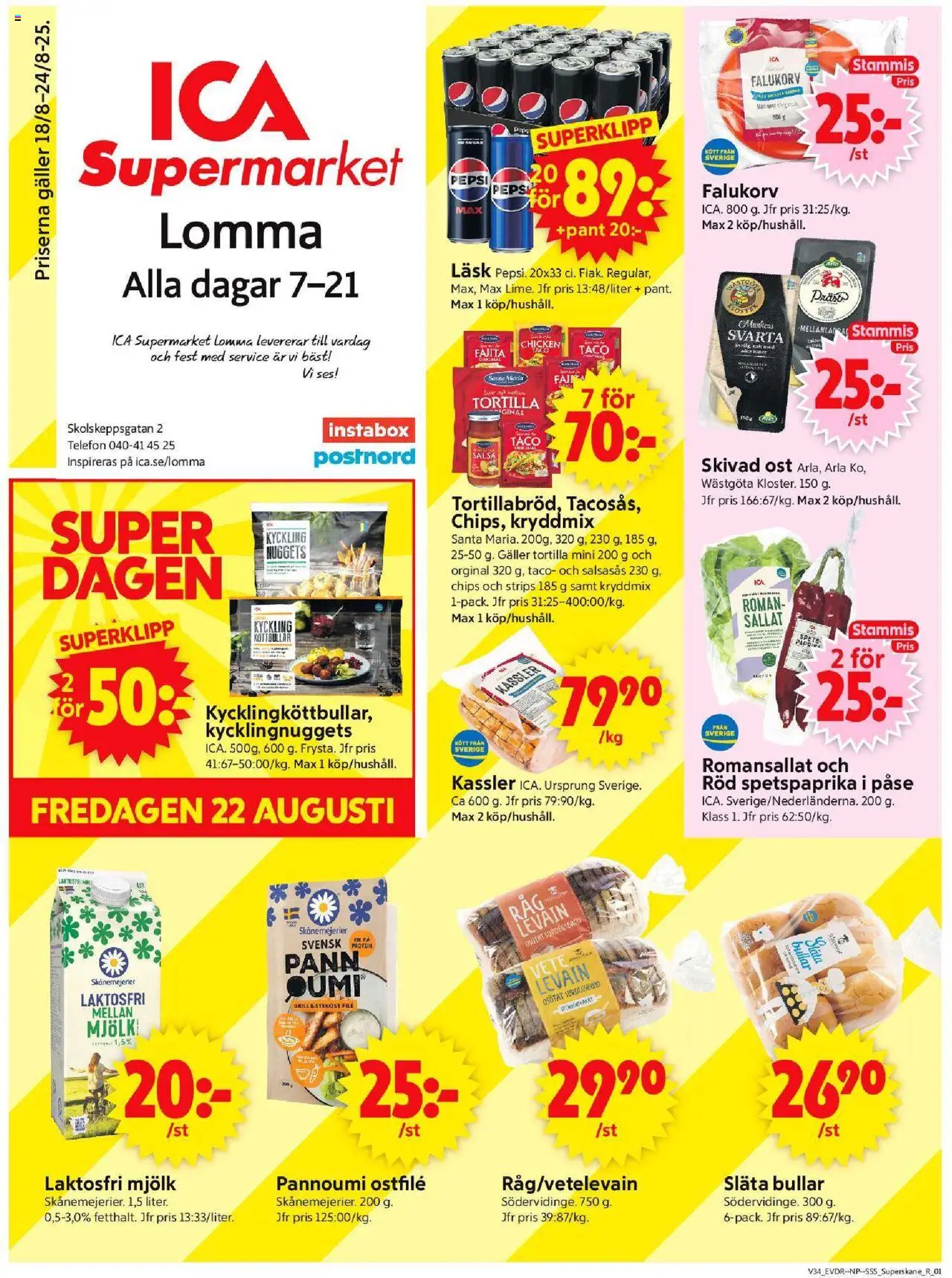 Lomma är giltig 18/08 2025 > Veckans Erbjudanden gäller från 18/08/2025 till 24/08/2025 sidnummer 1 - Köttbullar, Telefon, Chips, Protein, Falukorv, Kassler, Skivad ost, Kyckling