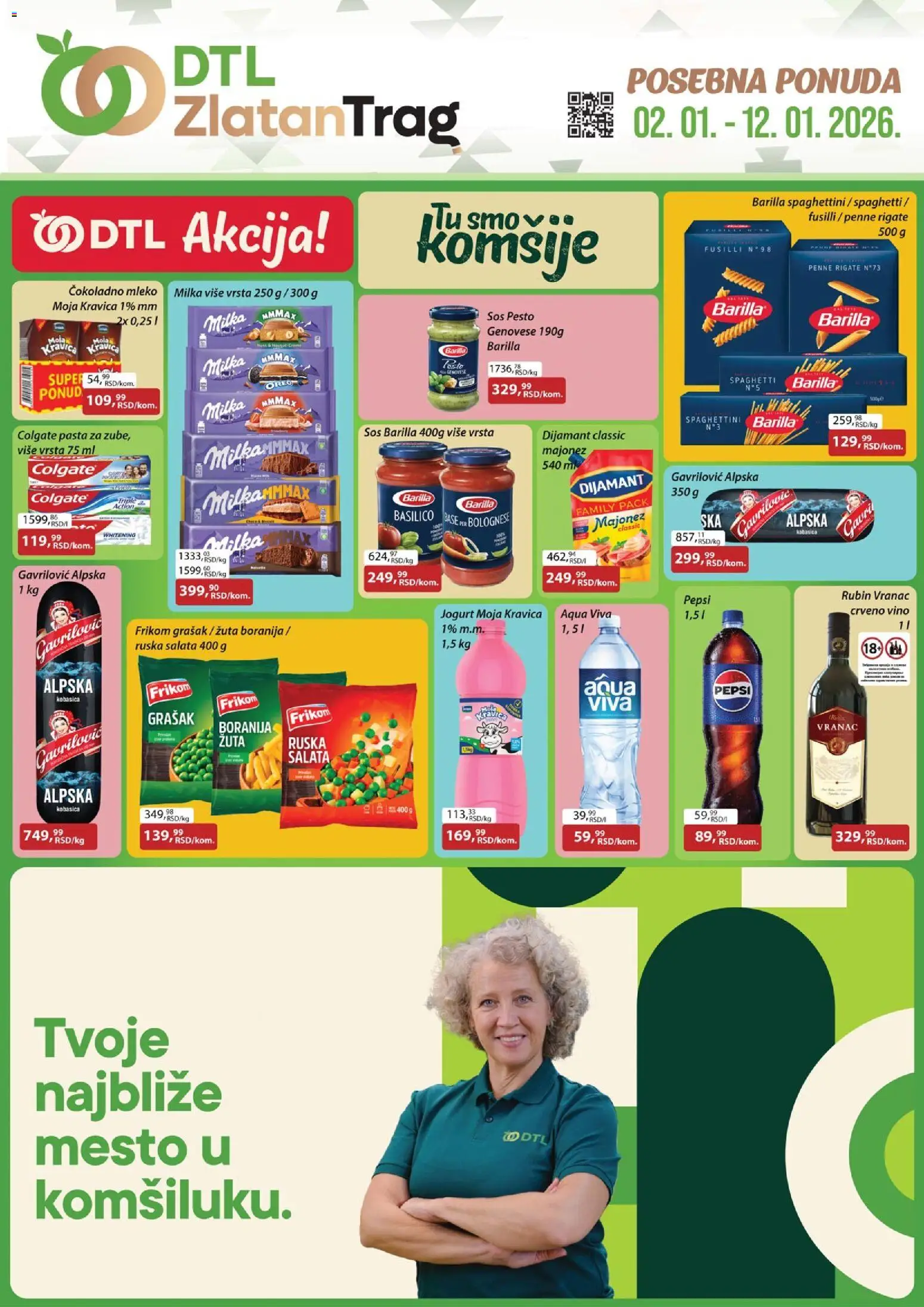 Pregled Zlatan Trag kataloga - važi od 02.01.2026 - Ruska salata, Grašak, Vino, Pepsi, Pesto, Jogurt, Barilla, Vranac