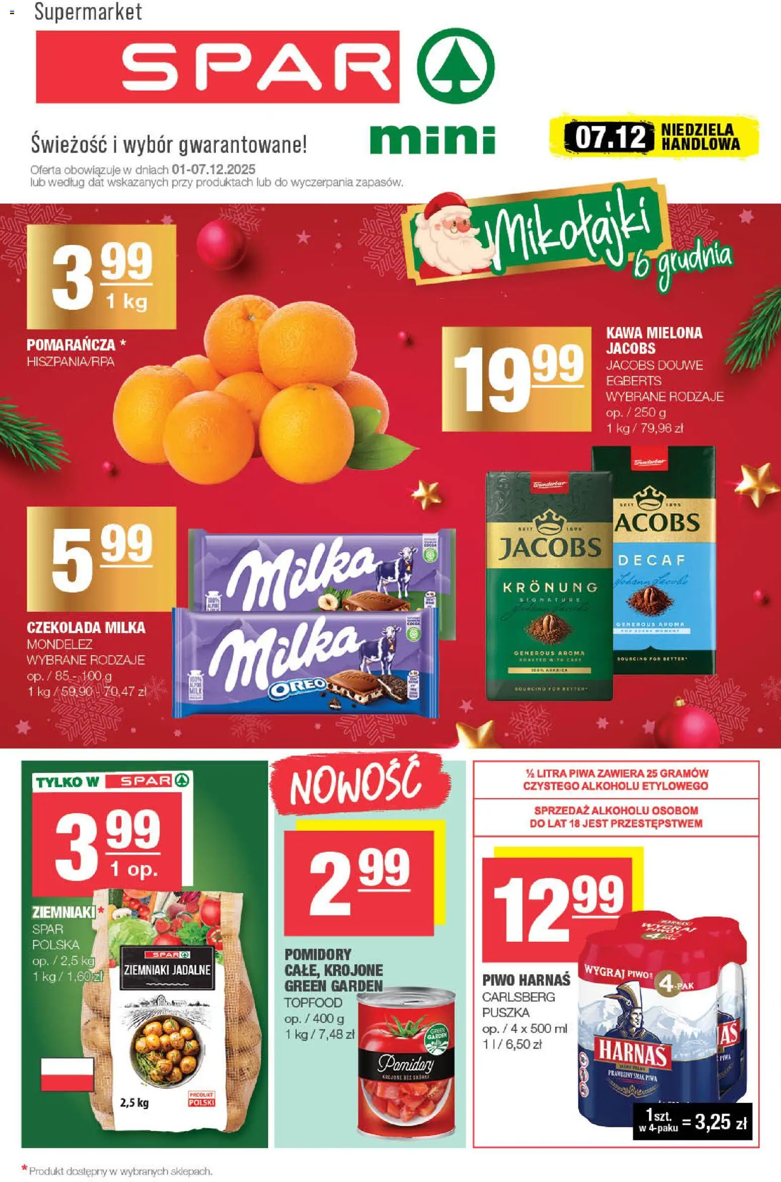 Pogląd gazetki "Spar Mini" ze sklepu Spar ważnej od 01.12.2025 - Kawa, Por, Piwo, Czekolada, Jacobs, Ziemniaki, Harnaś, Pomidory