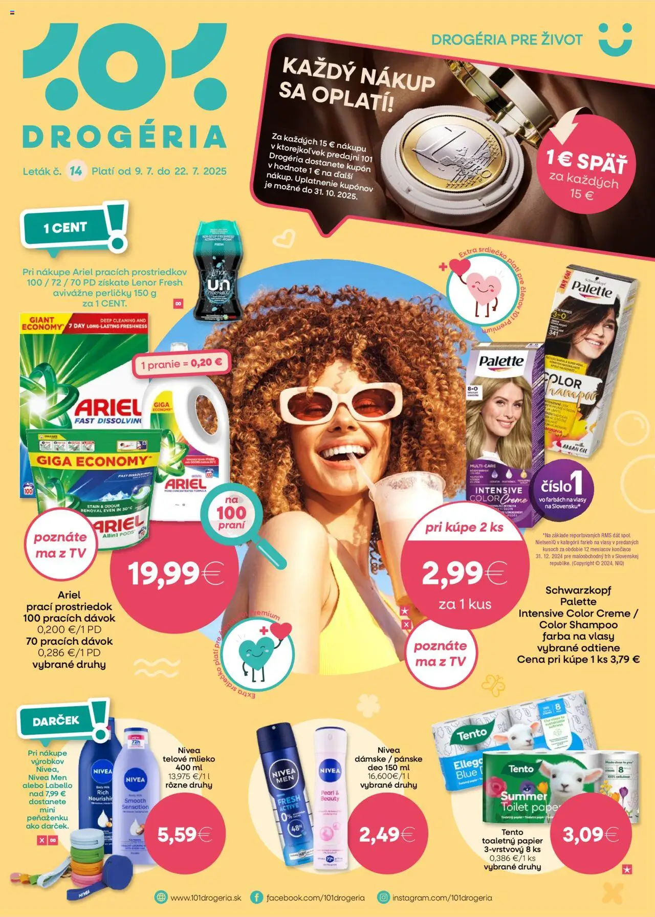 101 drogerie Leták (09.07. - 22.07.2025) - Akčná ponuka - Tv, Farba na vlasy, Mlieko, Ariel, Nivea, Toaletný papier, Lenor, Telové mlieko