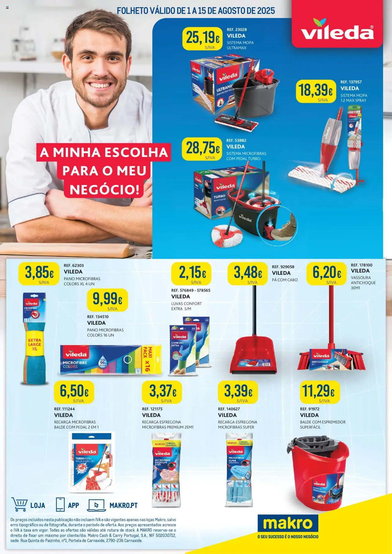 Makro Folheto de 01/08/2025 - catálogo esta semana - página 1 - Pá, Luvas, Vassoura, Esfregona, Balde, Cabo, Espremedor