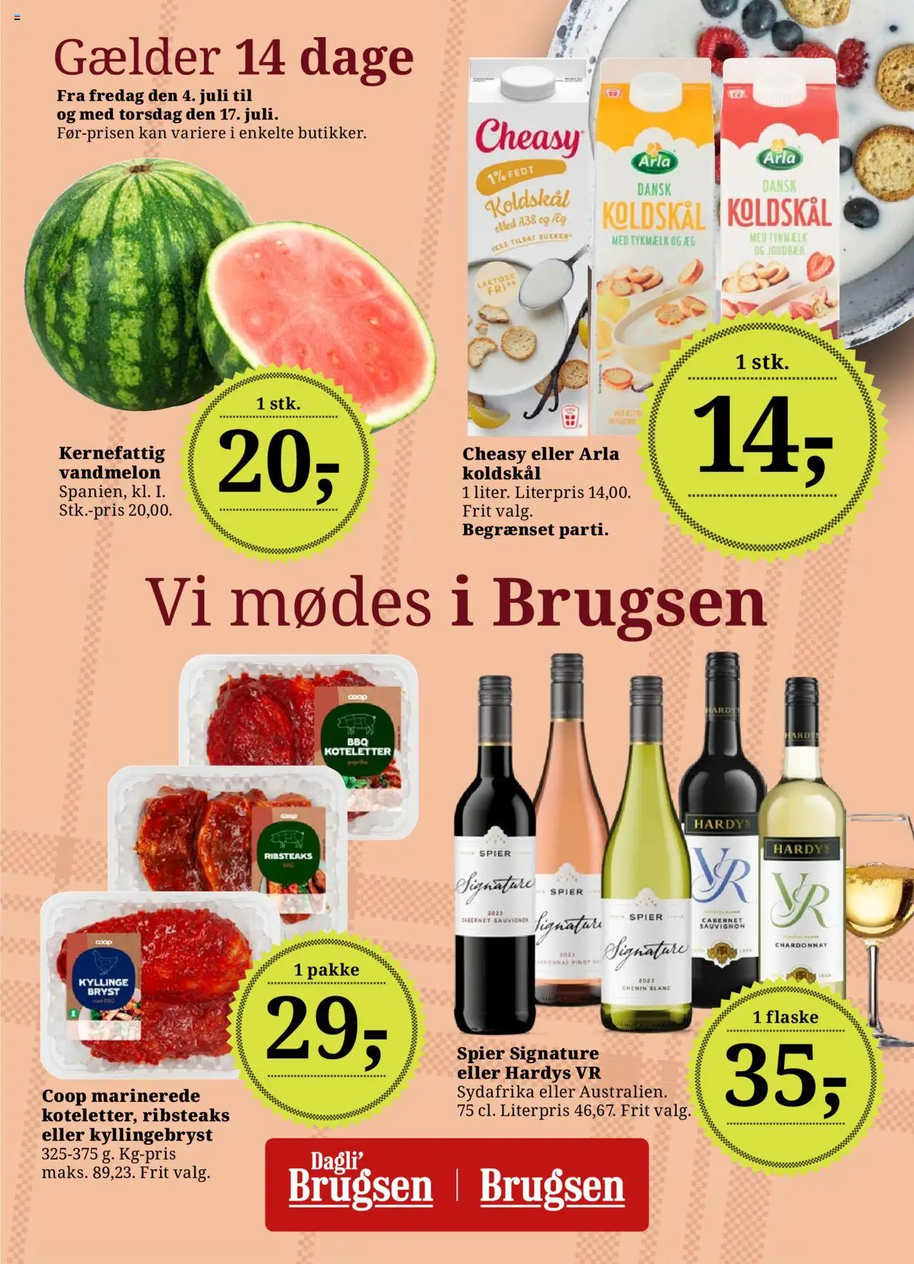 Dagli'Brugsen tilbudsavis gyldig fra 04/07/2025 - side 1 - Koldskål, Æg, Jordbær, Koteletter, Vandmelon
