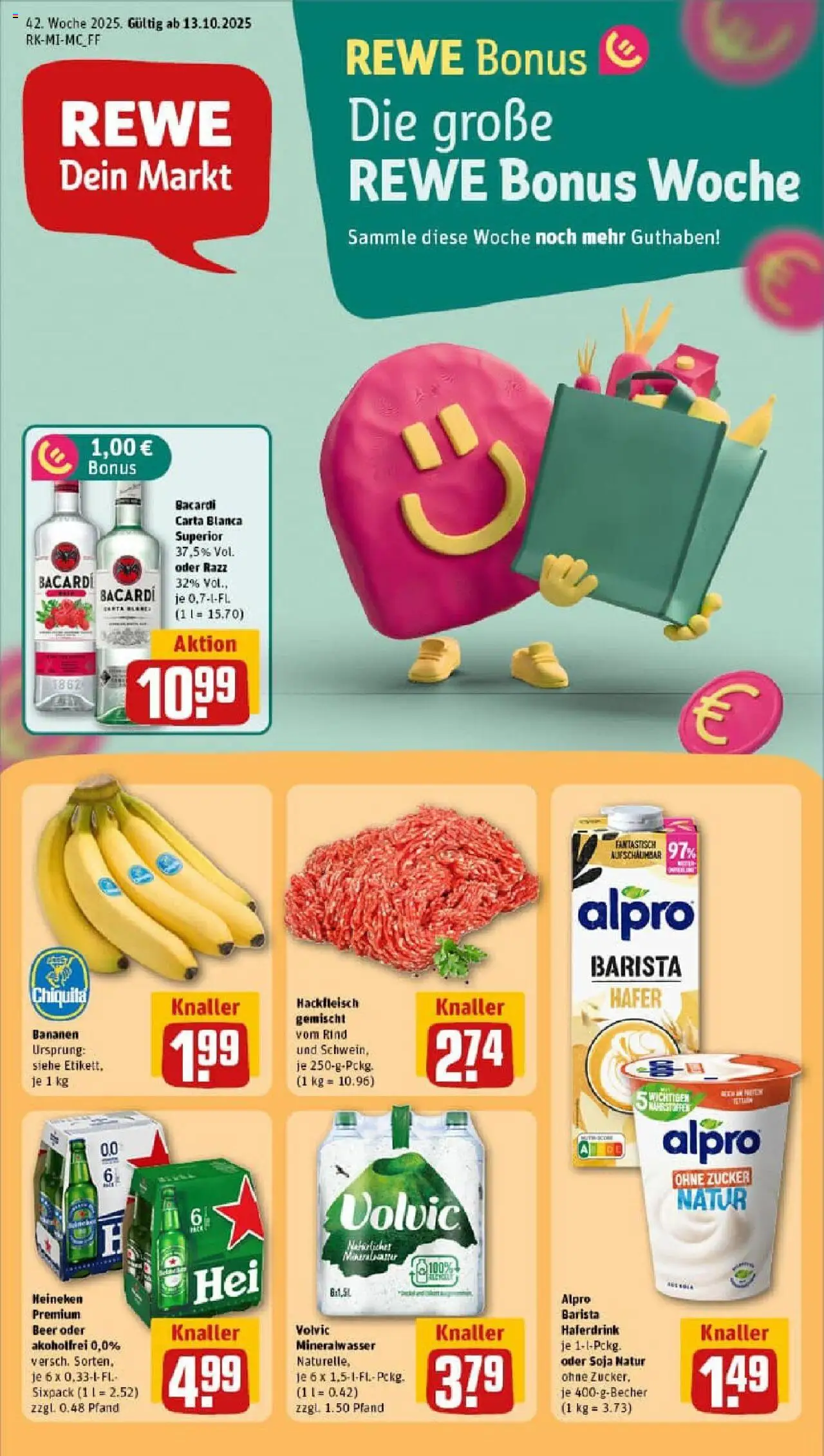 Vorschau von dem Prospekt des Geschäftes Rewe, gültig ab dem 13.10.2025 - Bananen, Mineralwasser, Hackfleisch, Heineken, Zucker, Volvic, Alpro, Haferdrink