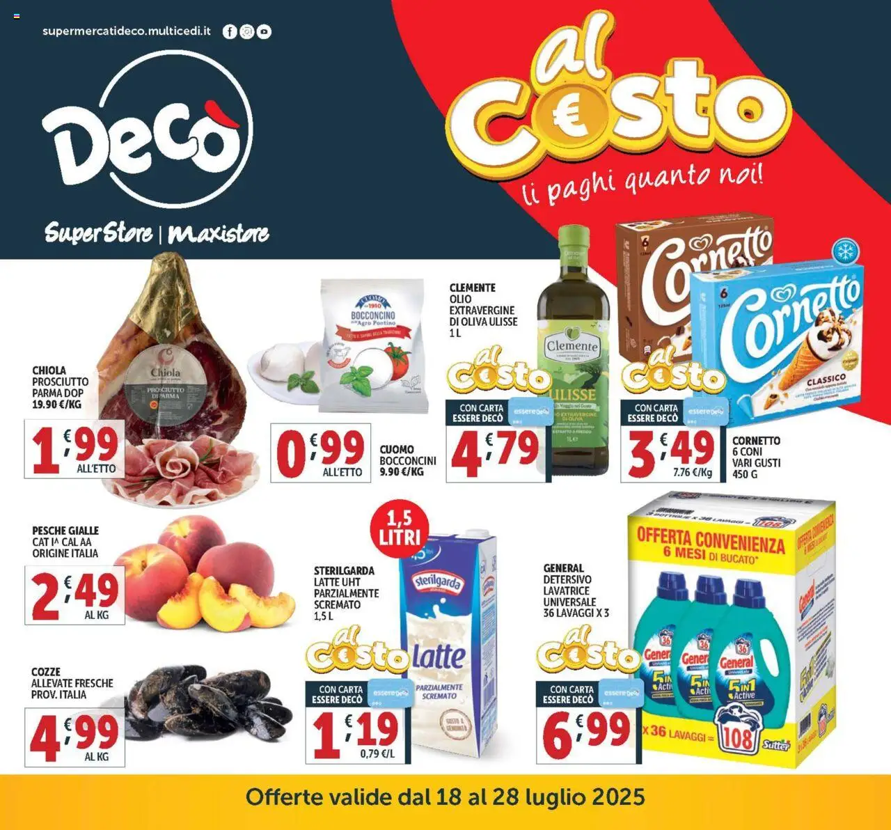 Volantino Decò valido da 18/07/2025 numero di pagina 1 - Cornetto, Cozze, Latte, Olio, Prosciutto, Lavatrice, Pesche