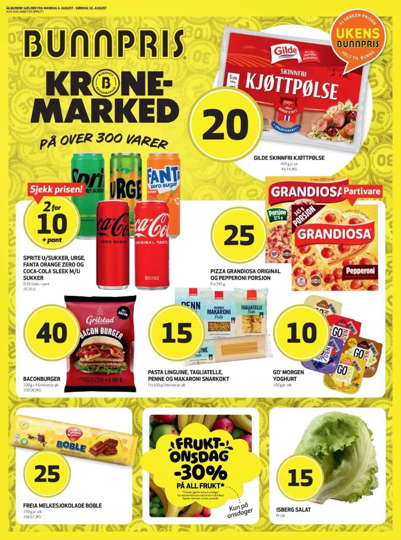Kundeavis Kristiansund Bunnpris gyldig fra 04/08/2025 - Sidenummer 1 - Bacon, Sprite, Freia melkesjokolade, Boble, Frukt, Pizza, Pasta, Grilstad