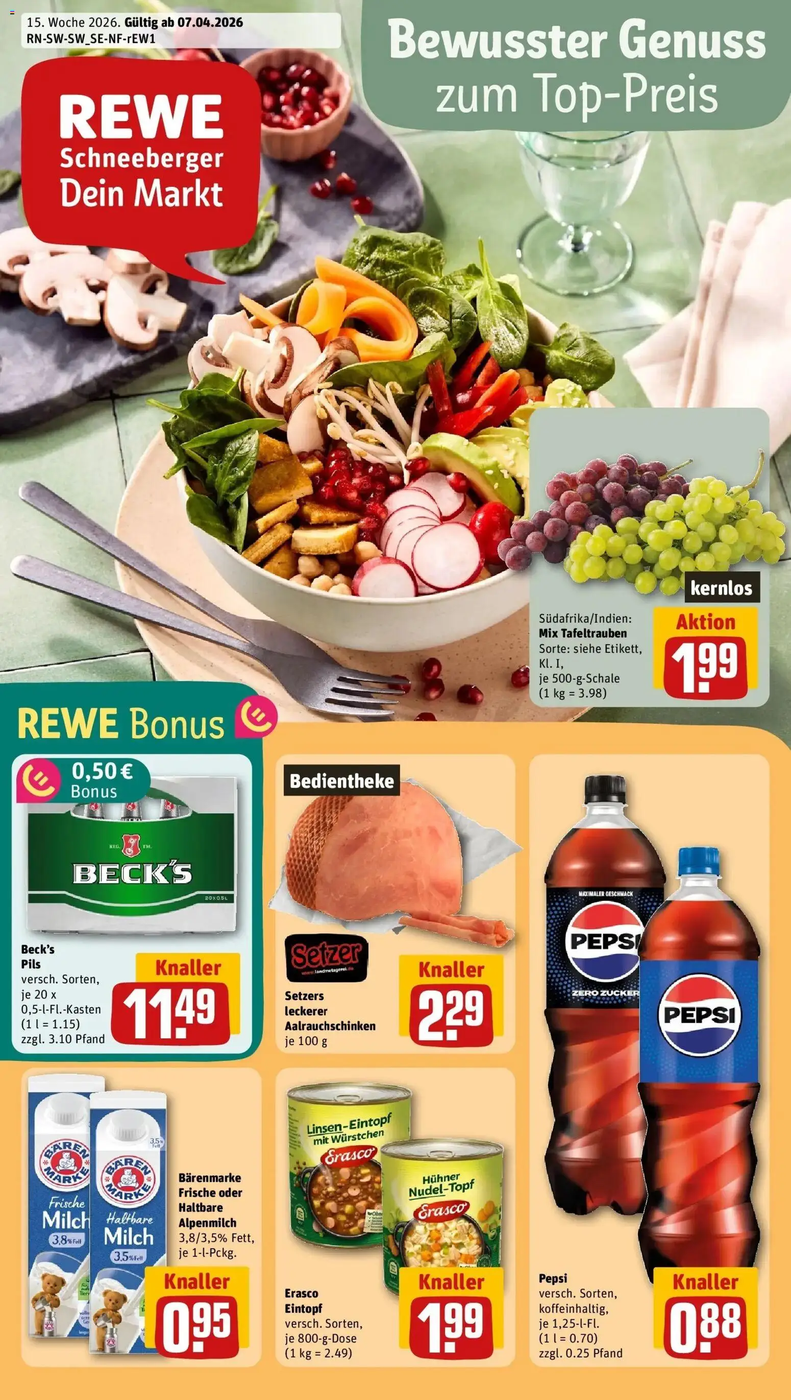 Vorschau von dem Prospekt des Geschäftes Rewe, gültig ab dem 05.04.2026 - Milch, Zucker, Pepsi, Haltbare milch, Pils, Erasco