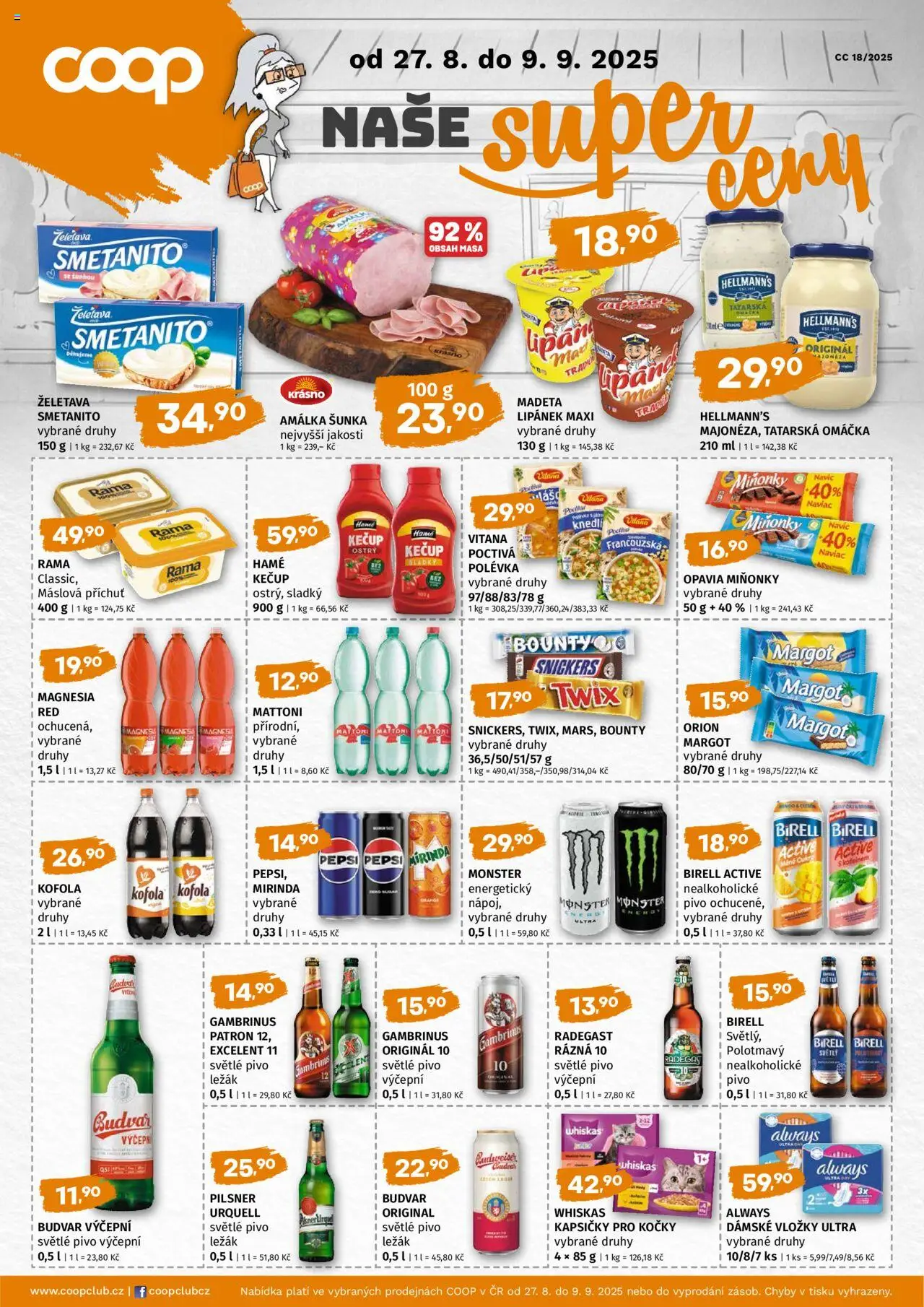  COOP Leták - Coop Super cena (27.08.2025) - Jednota leták - Kofola, Mattoni, Birell, Budvar, Snickers, Pepsi, Kapsičky pro kočky, Mirinda