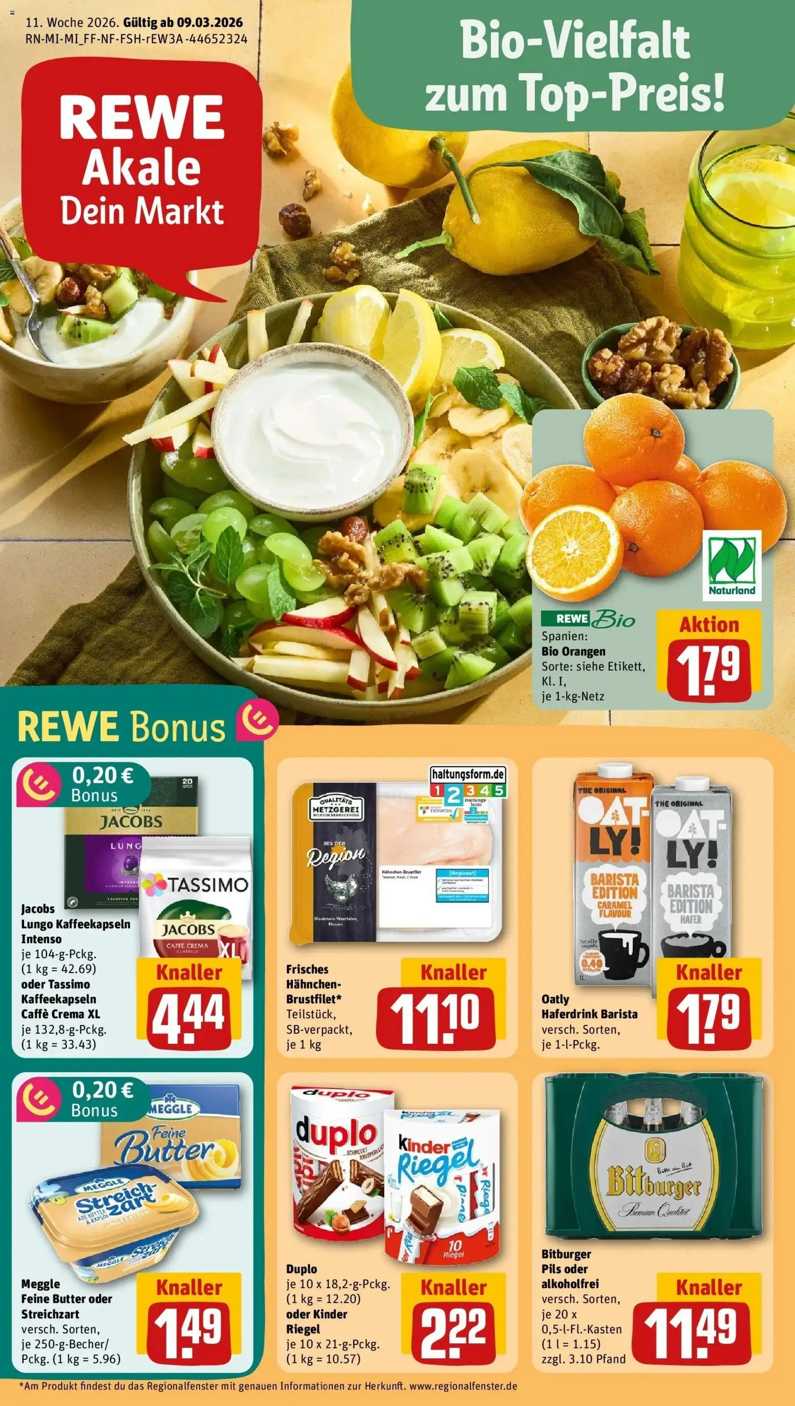 Vorschau von dem Prospekt des Geschäftes Rewe, gültig ab dem 09.03.2026 - Butter, Rapsöl, Bitburger, Oatly, Orangen, Pils, Haferdrink, Hahnchen