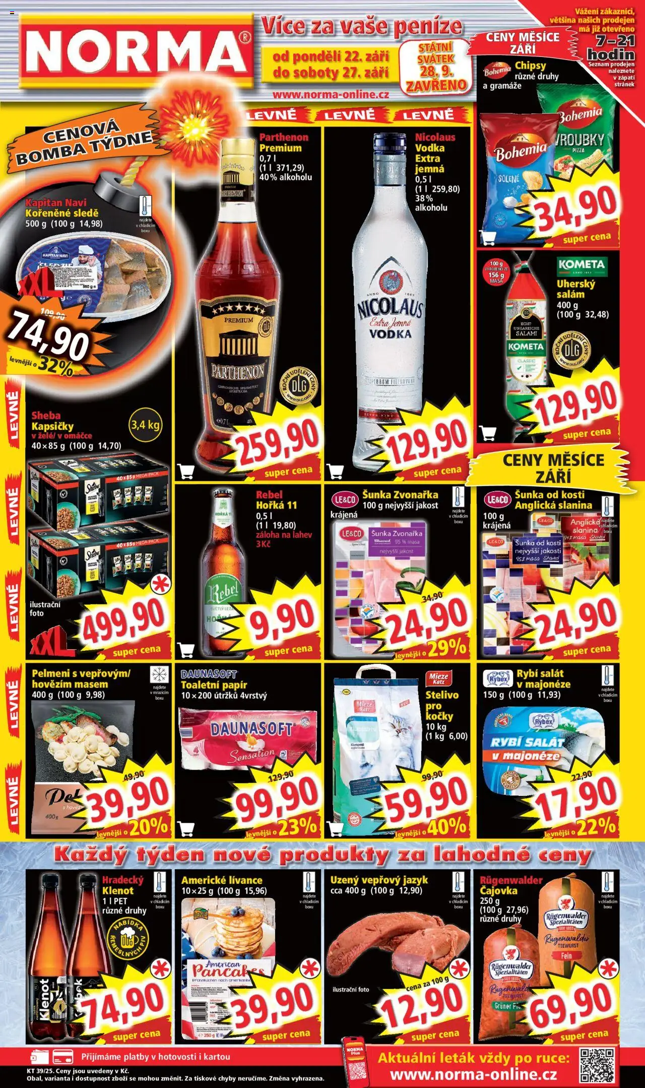 Náhled nabídky: Norma Leták platný od 22.09.2025 - Pizza, Vodka, Salát, Šunka, Toaletní papír, Anglická slanina, Šunka od kosti, Kapsičky