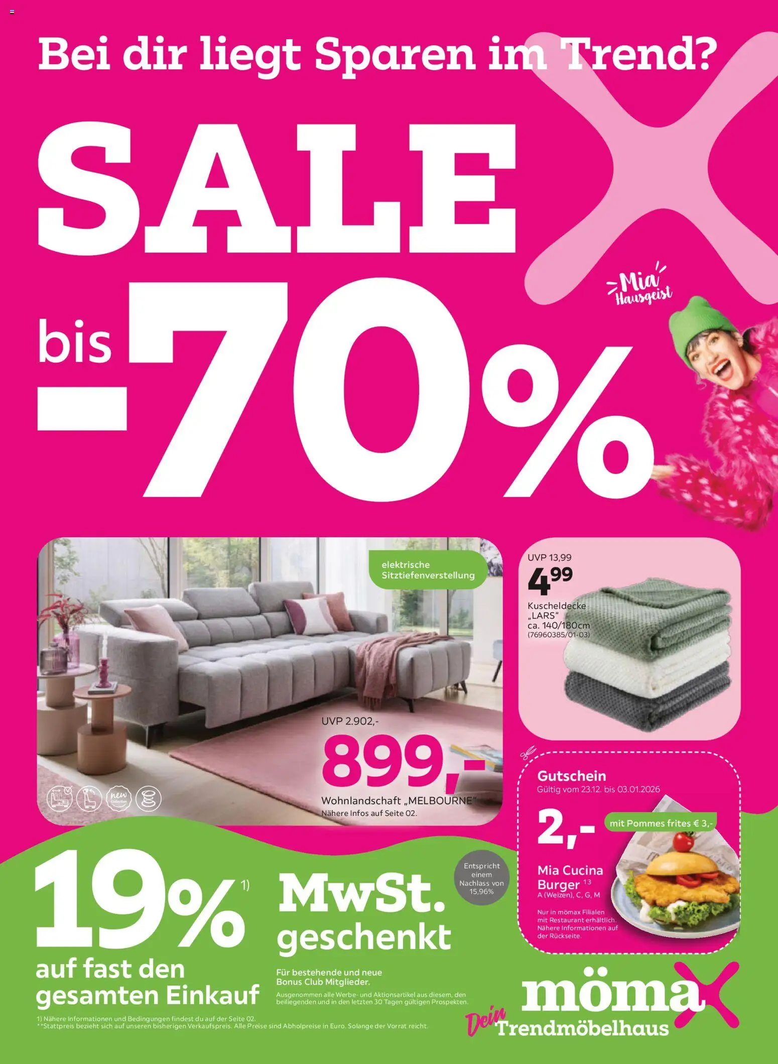 Vorschau von dem Prospekt des Geschäftes Mömax, gültig ab dem 20.12.2025 - Burger, Pommes, Wohnlandschaft, Pommes frites