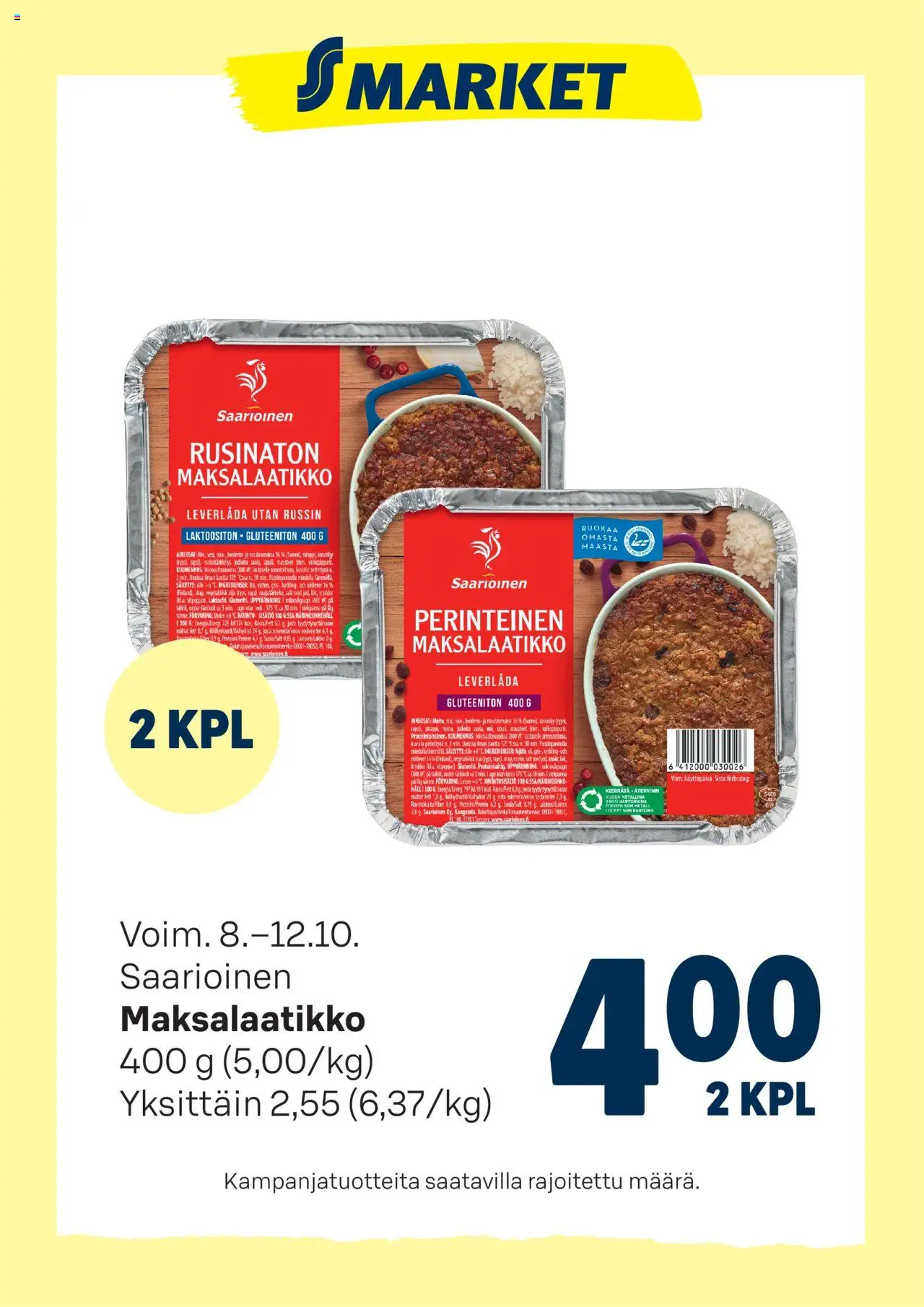 Kaupan S-market Tarjoukset Maksalaatikko esikatselu, voimassa 08/10/2025 - Kansi