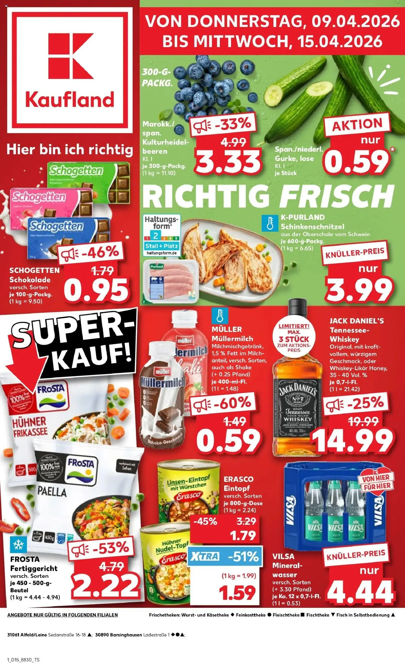 Vorschau von dem Prospekt des Geschäftes Kaufland, gültig ab dem 08.04.2026 - Schnitzel, Fisch, Mineralwasser, Frosta, Müllermilch, Jack Daniel's, Erasco, Muller mullermilch