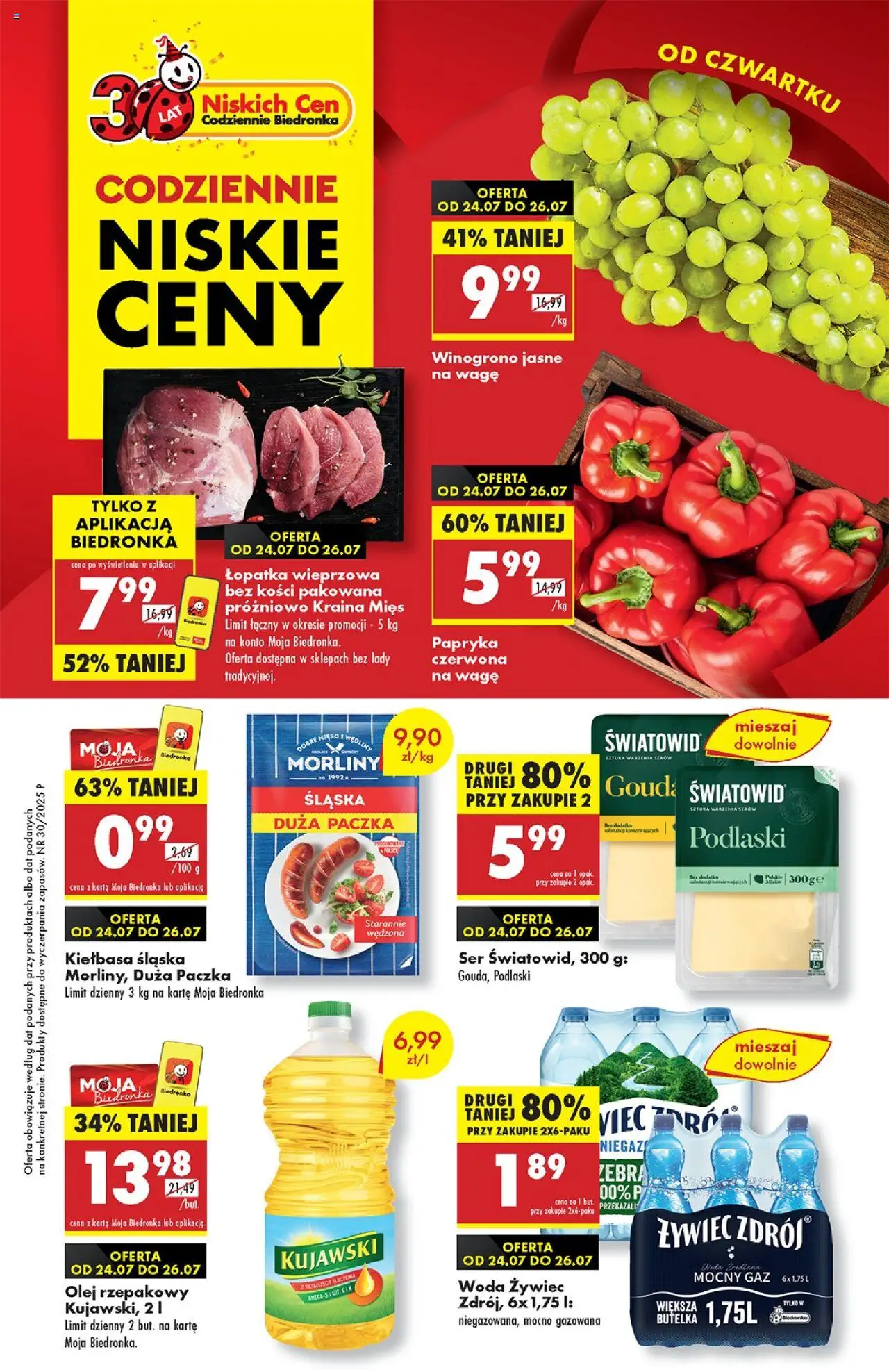 Biedronka gazetka promocyjna 24.07.2025 - "W tym tygodniu" - Numer strony 1 - Woda, Papryka, Olej rzepakowy, Kiełbasa śląska, Czerwona papryka, Woda żywiec, Kraina mięs, Łopatka wieprzowa bez kości
