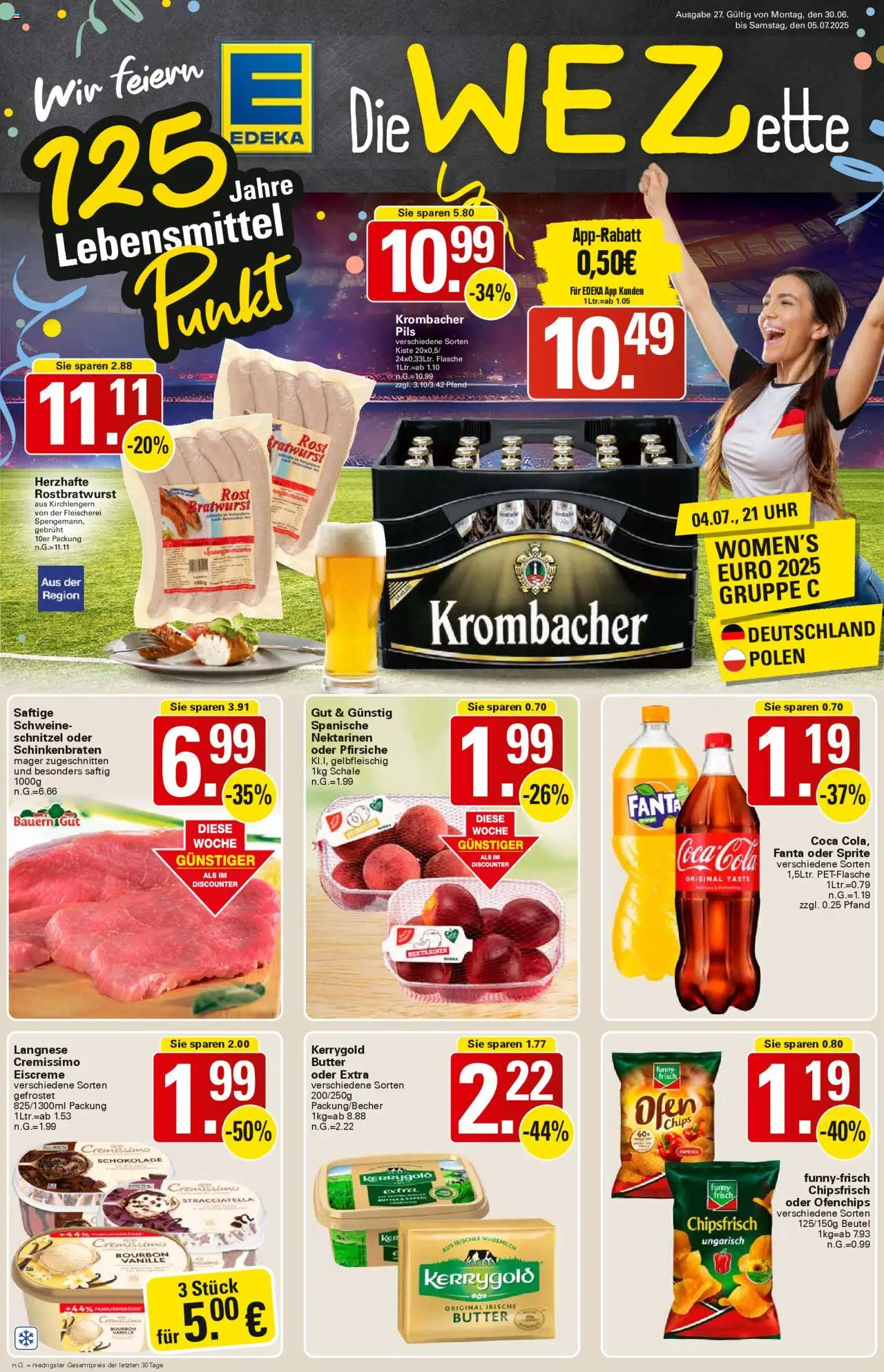 WEZ Prospekt (vom 30.06.2025 - 05.07.2025) - Chips, Schokolade, Krombacher, Fanta, Nektarinen, Pils, Langnese cremissimo, Kerrygold butter