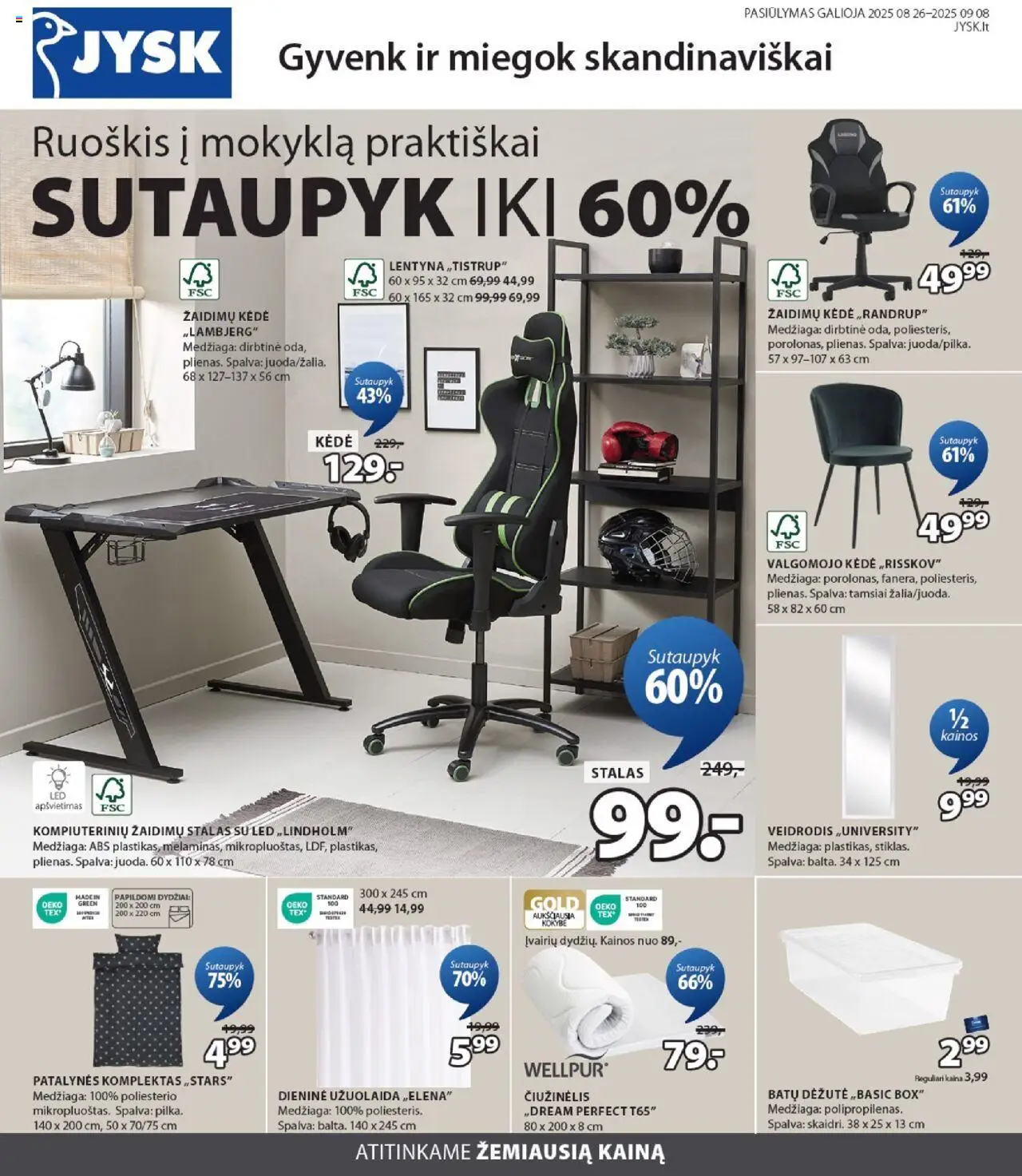 JYSK leidinys galioja nuo 2025.08.26 – puslapio numeris 1 - Veidrodis, Stalas, Lentyna, Kėdė, Patalynės komplektas