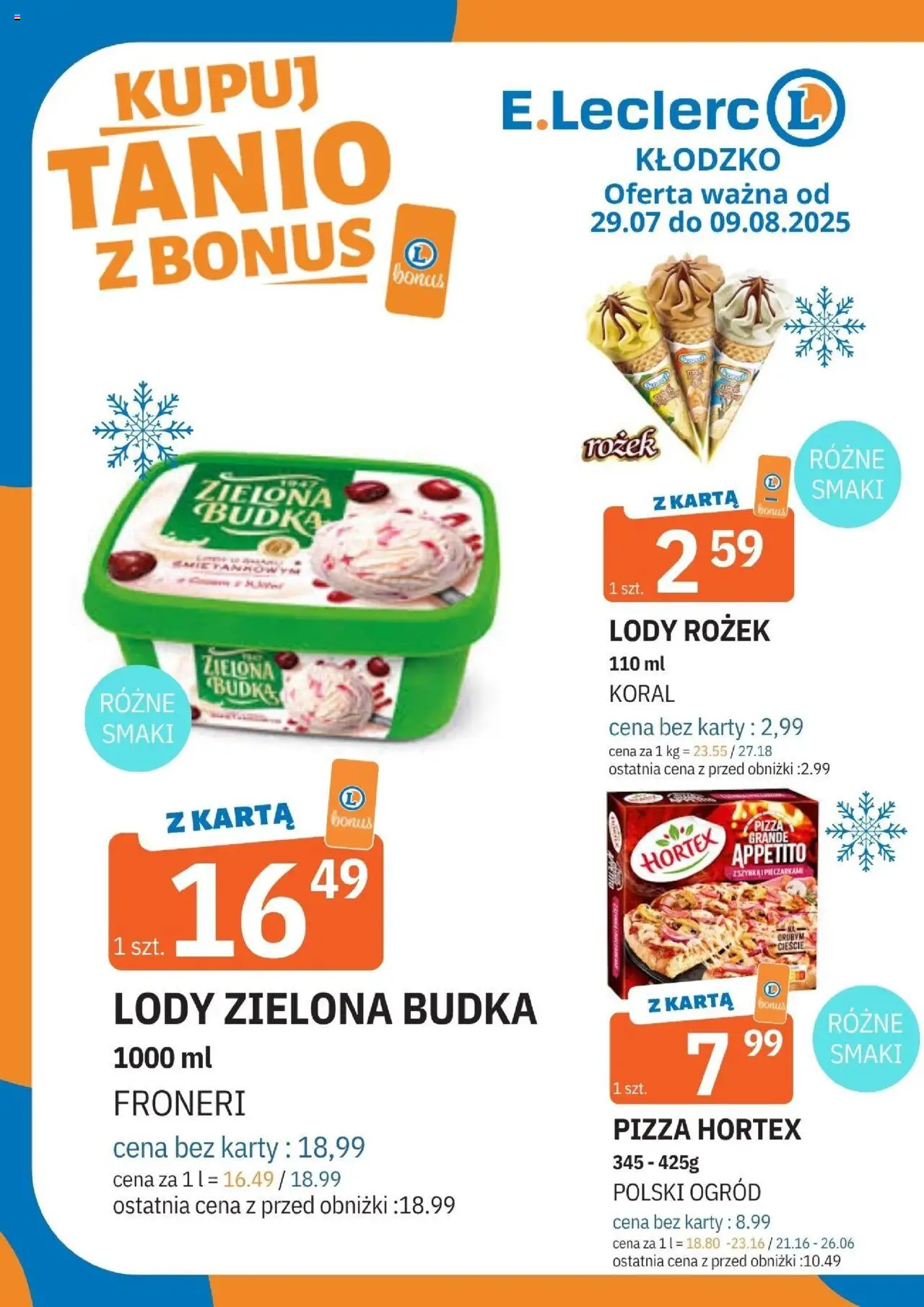 E.Leclerc Kłodzko od 29.07.2025 - Nowa Gazetka - Numer strony 1 - Karta, Lody Zielona Budka, Pizza, Lody