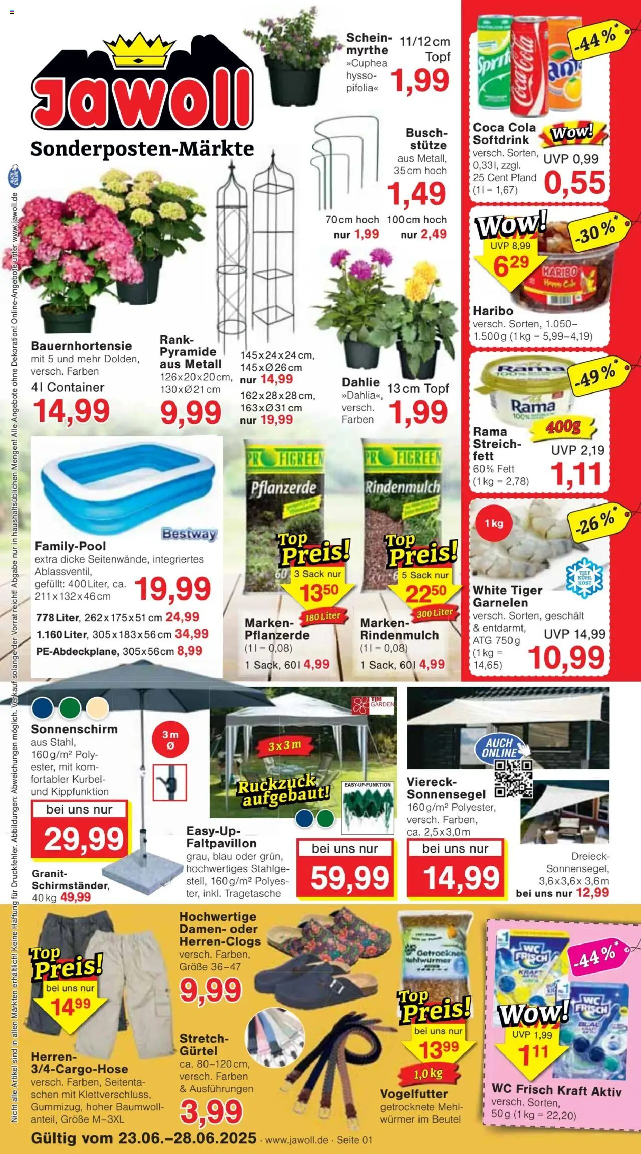 Jawoll Prospekt (vom 23.06.2025 - 28.06.2025) - Coca cola, Haribo, Rindenmulch, Gürtel, Rama, Pflanzerde, Wc frisch, Tiger garnelen