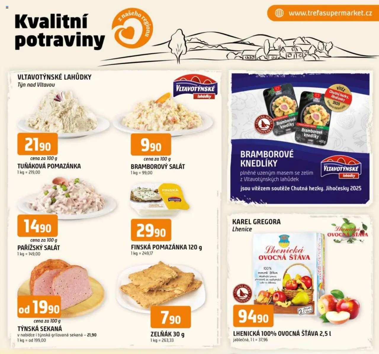  Trefa Leták - Kvalitní potraviny z našeho regionu (08.10.2025 - 14.10.2025) - Potraviny, Bramborový salát, Tuňáková pomazánka, Salát, Sekaná, Pomazánka, Šťáva