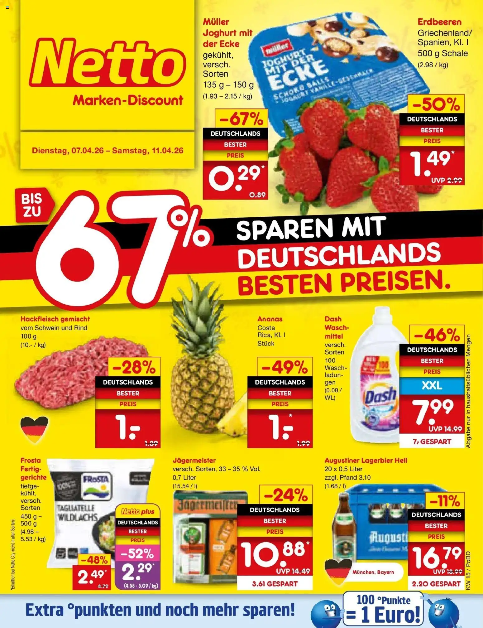 Vorschau von dem Prospekt des Geschäftes Netto Marken-Discount, gültig ab dem 07.04.2026 - Gerichte, Erdbeeren, Joghurt, Jägermeister, Ananas, Hackfleisch, Frosta